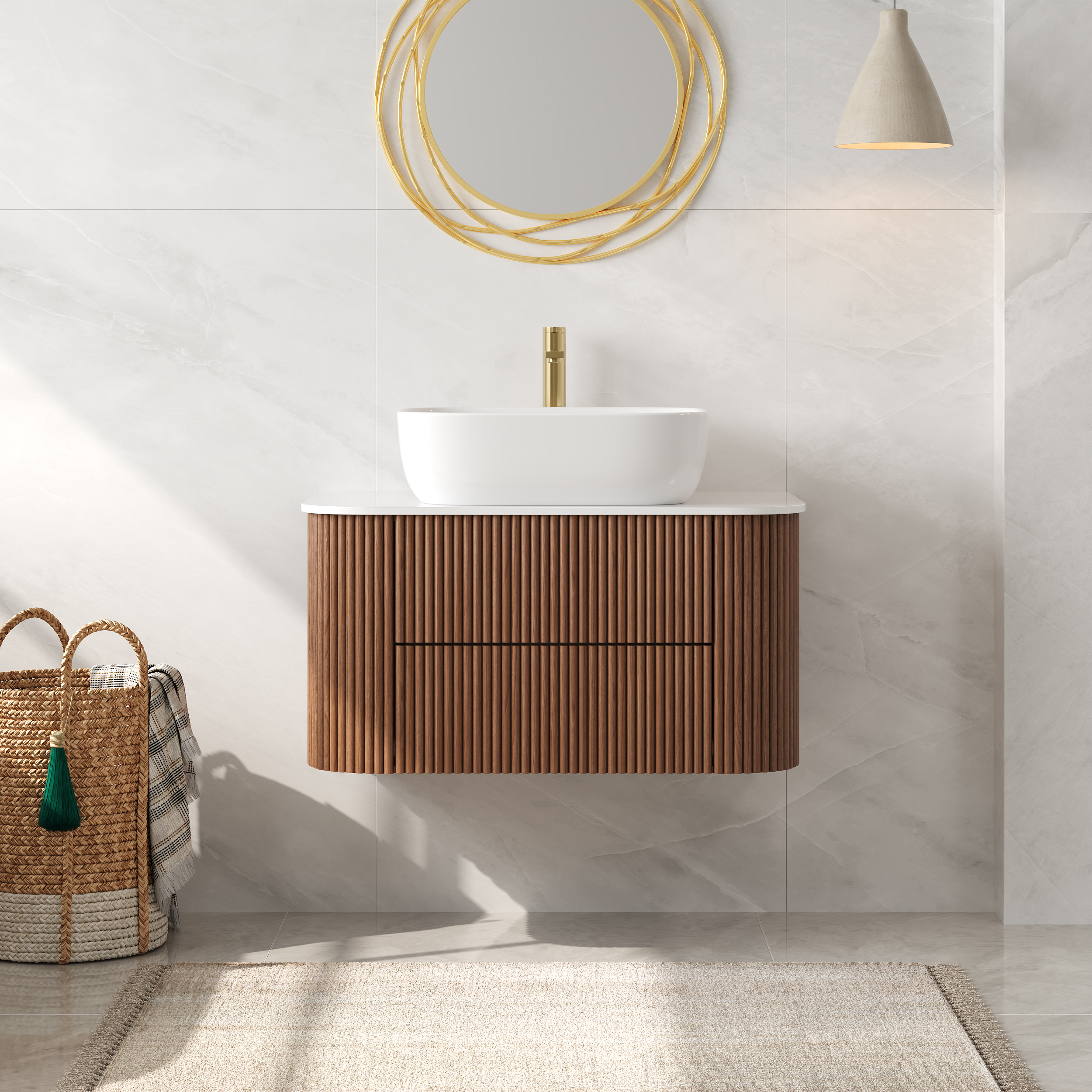 31.5" Floating Fluted Wall mounted Bathroom Vanity Set Cultured Marble Top with Vessel Single Sink & 2 Drawers