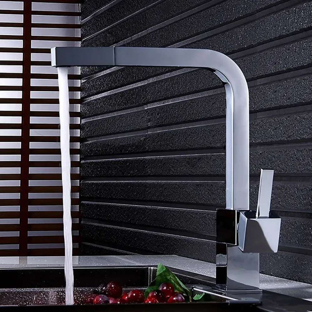 Grifo de cocina contemporáneo de latón extraíble cuadrado de una sola manija en cromo pulido