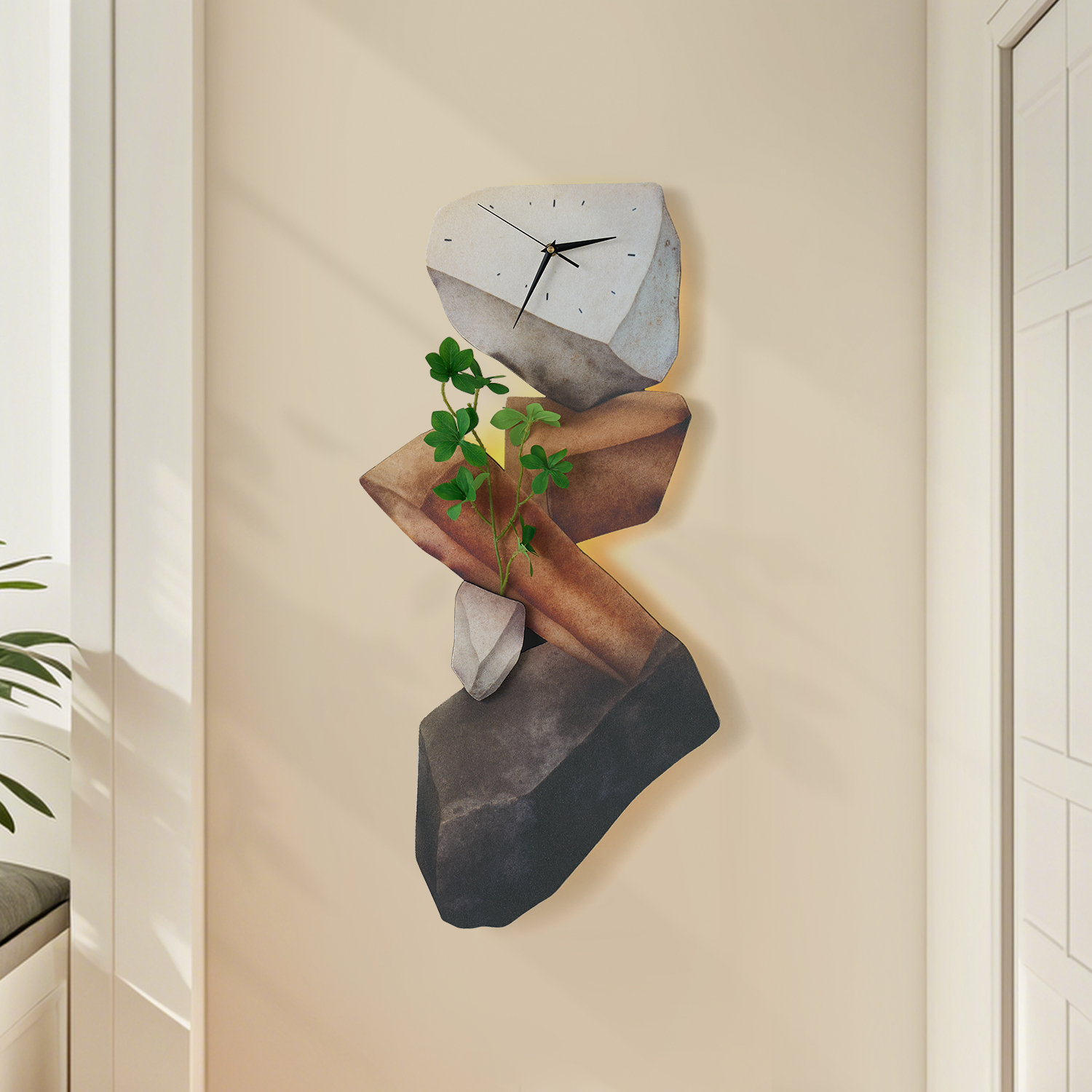 31.5" LED Rock Wall Clock with Remote Control– USB Powered, Faux Plant Decor, Dimmable
