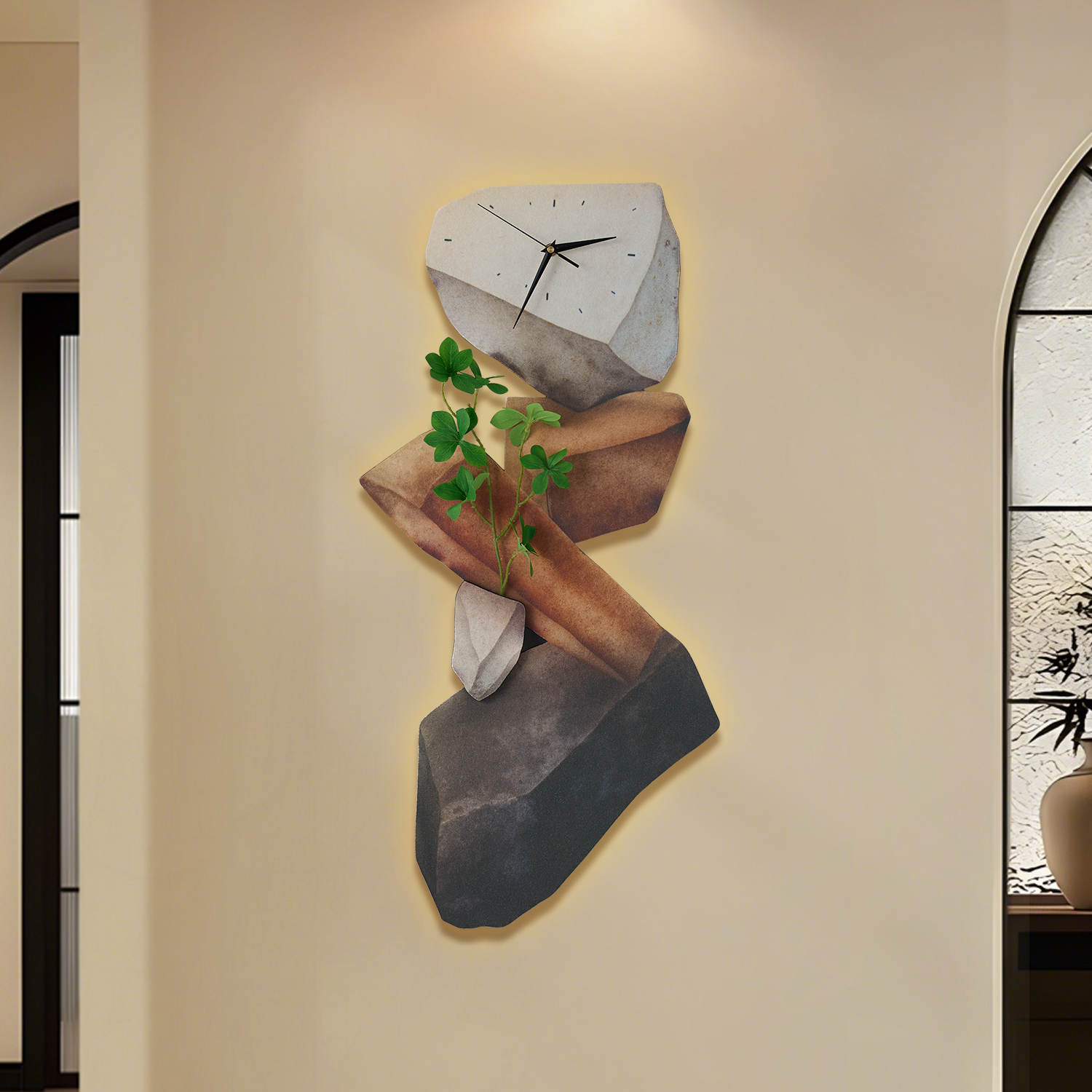 31.5" LED Rock Wall Clock with Remote Control– USB Powered, Faux Plant Decor, Dimmable