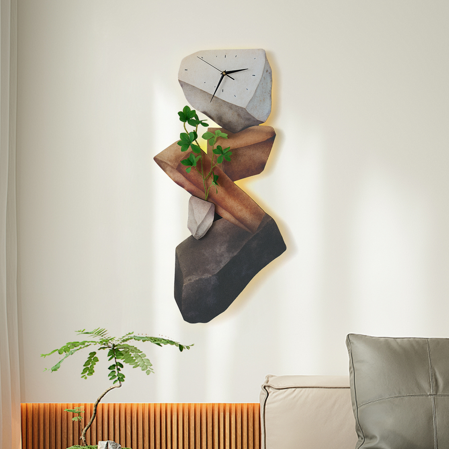 31.5"" LED Rock Wall Clock with Remote Control – USB Powered, Faux Plant Decor, Dimmable