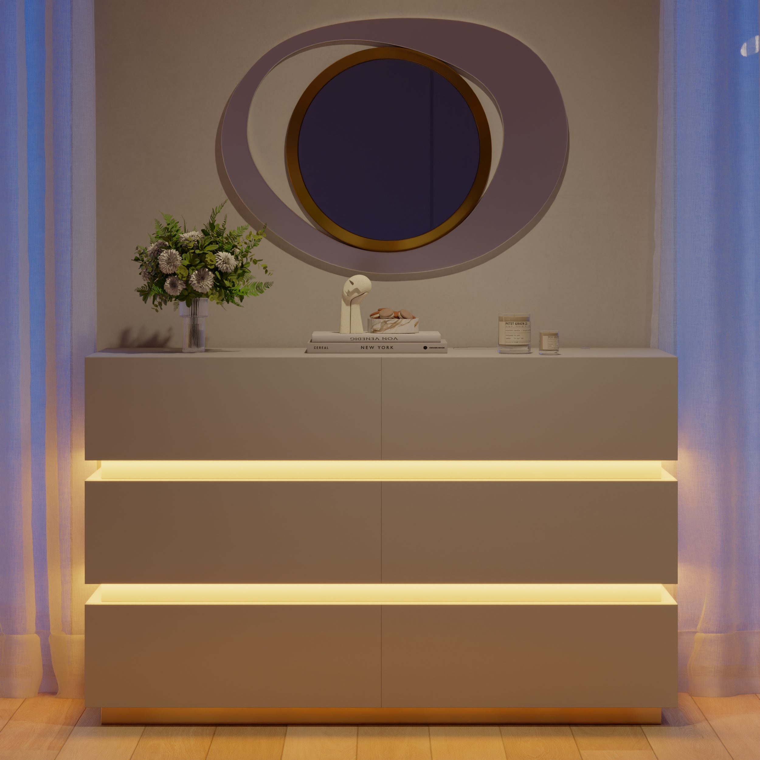 Commode LED blanche moderne à 6 tiroirs 1200mm, armoire de rangement pour chambre à coucher