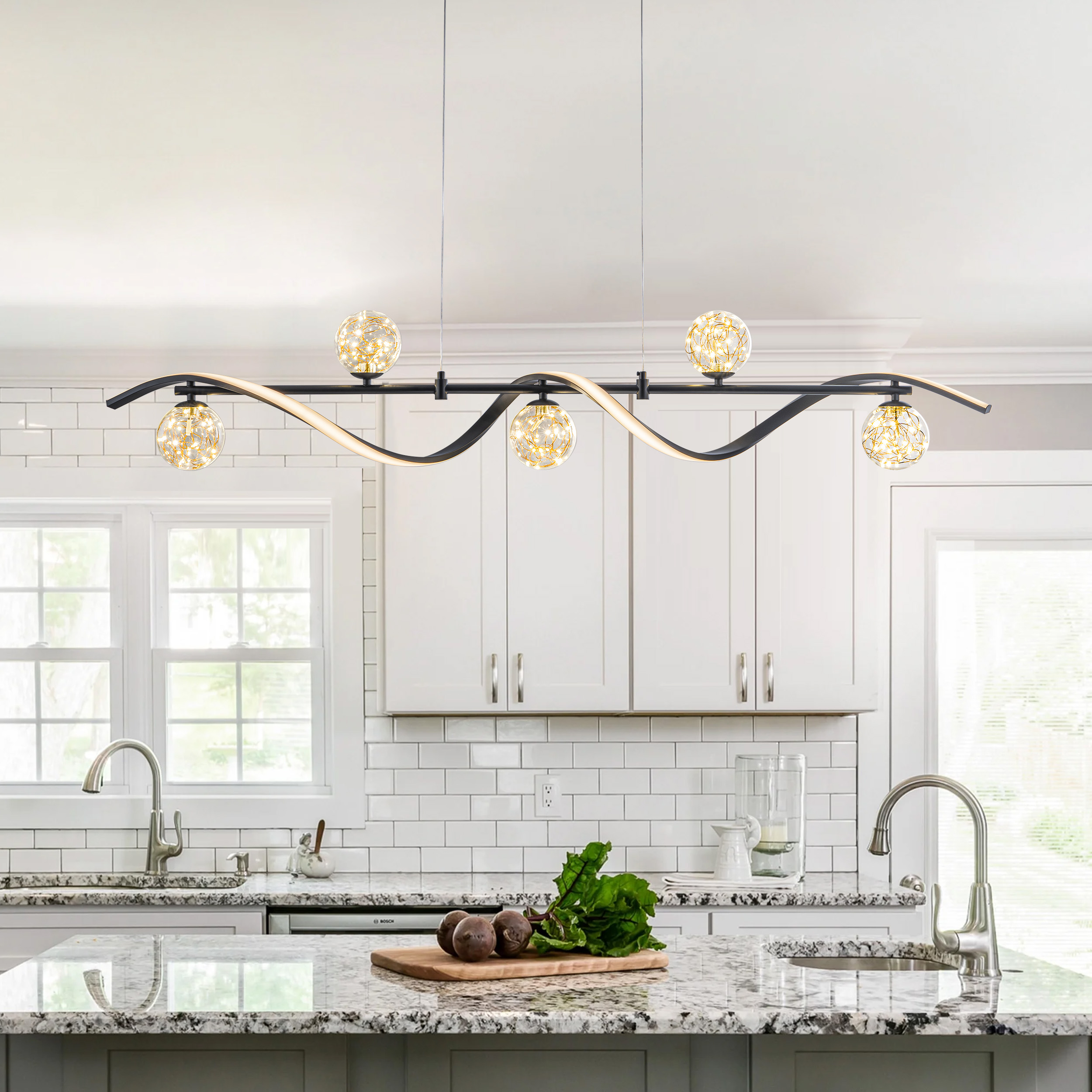 LED Linear Kitchen Island Light– 6-Light Dimmable Black Fixture with Glass Globe Shades