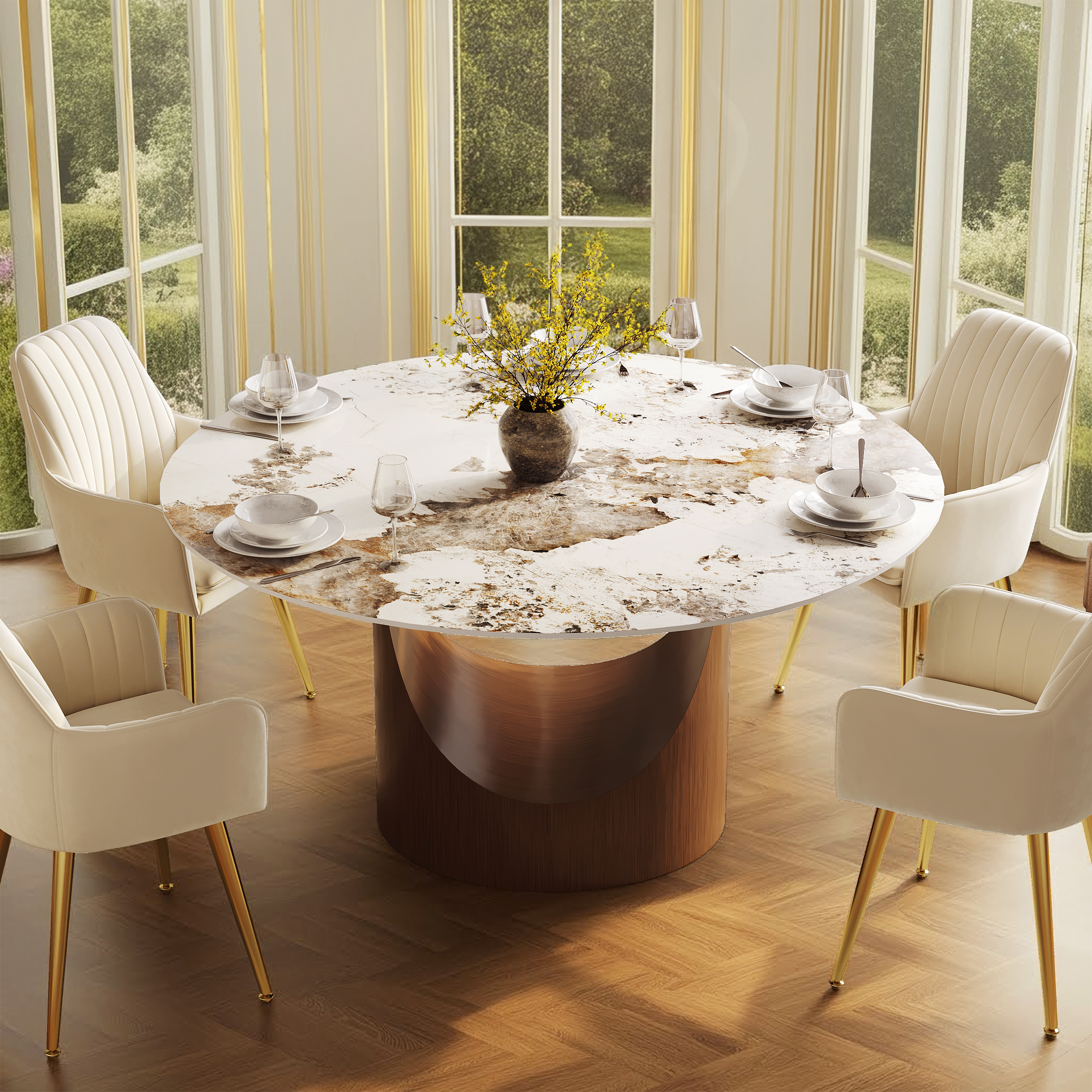53" Pandora Glossy Faux Marble Dining Table Round with Stainless Base for 6 People
