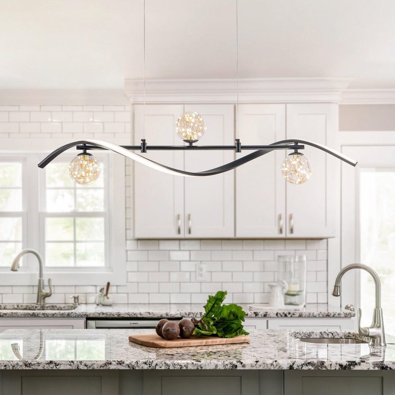 LED Linear Kitchen Island Light– 4-Light Dimmable Black Fixture with Glass Globe Shades