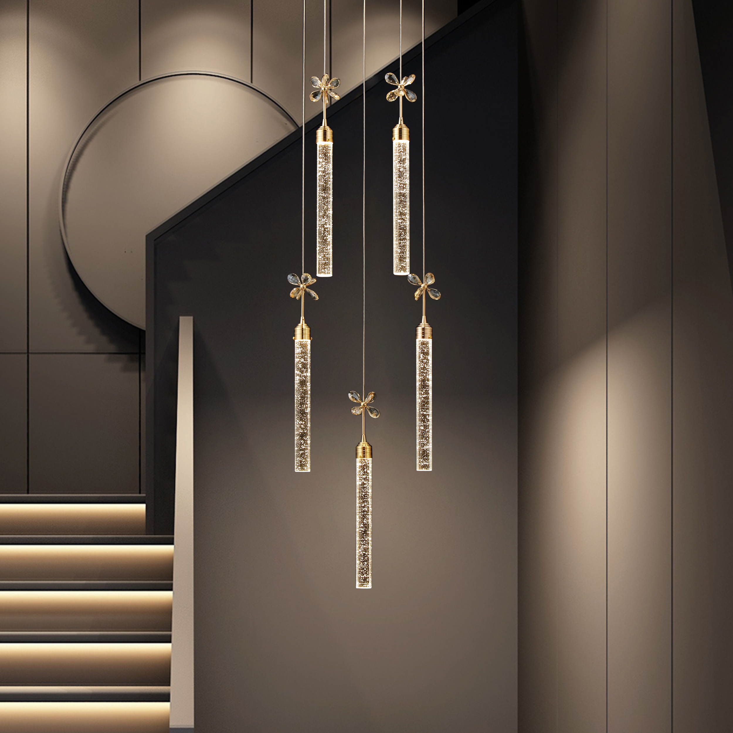 Modern 59" Gold LED Chandelier with Bubble Acrylic Shades– Remote-Controlled Dimmable