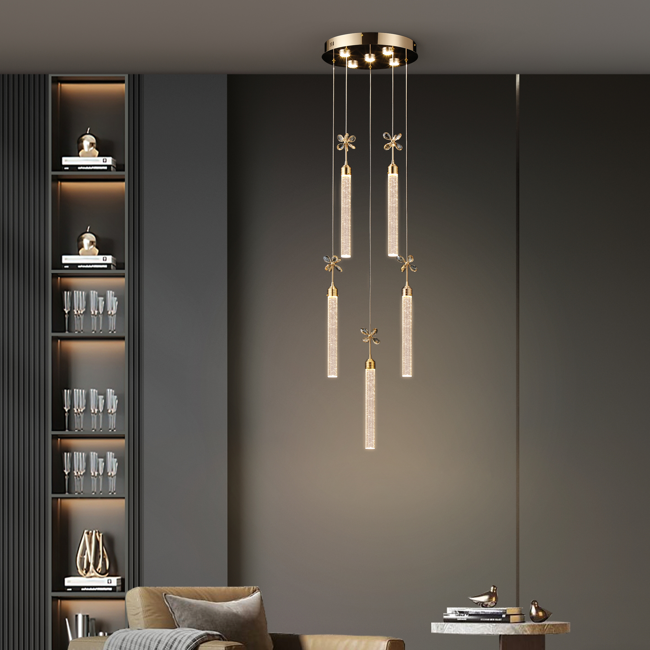 Modern 59" Gold LED Chandelier with Bubble Acrylic Shades– Remote-Controlled Dimmable
