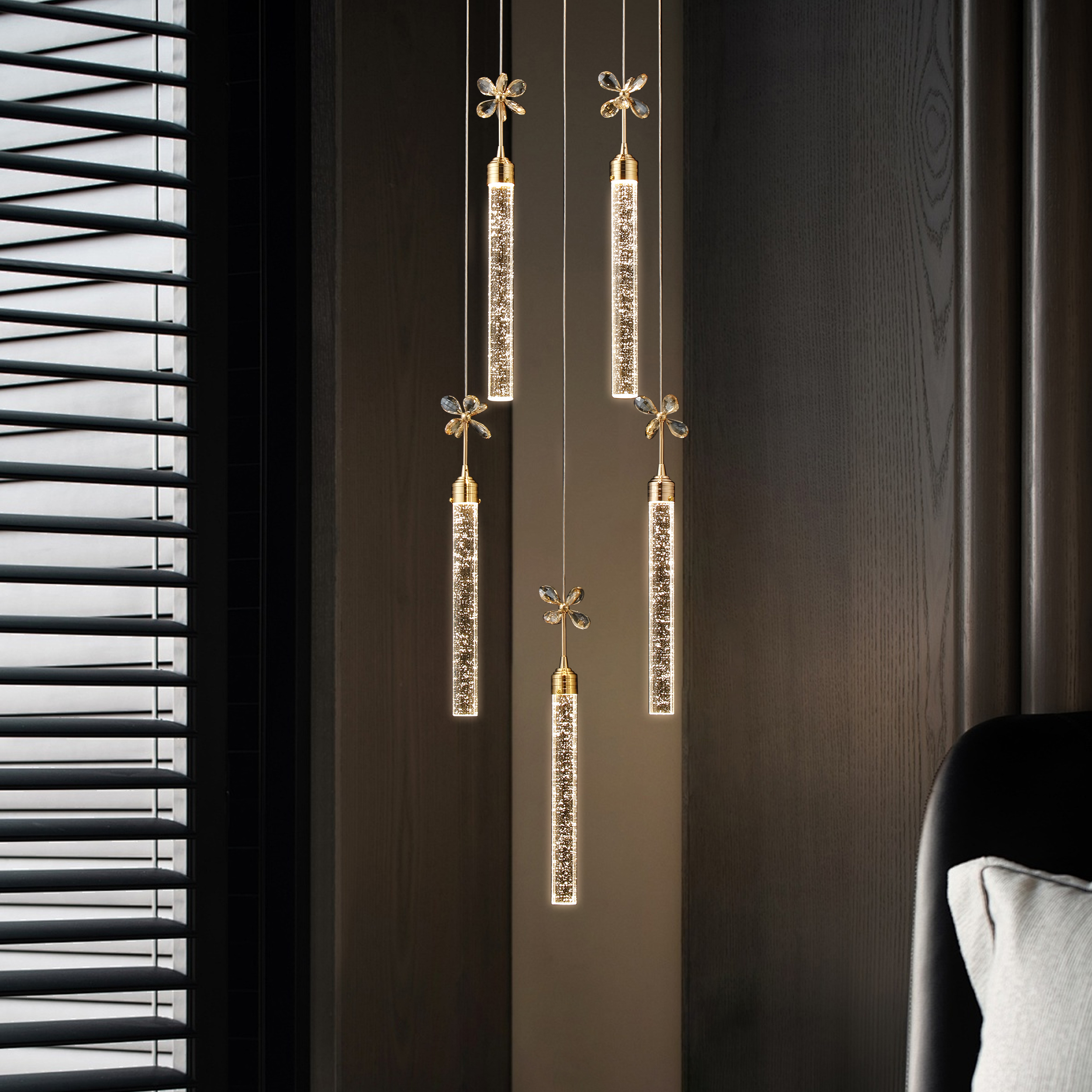 Modern 59" Gold LED Chandelier with Bubble Acrylic Shades– Remote-Controlled Dimmable