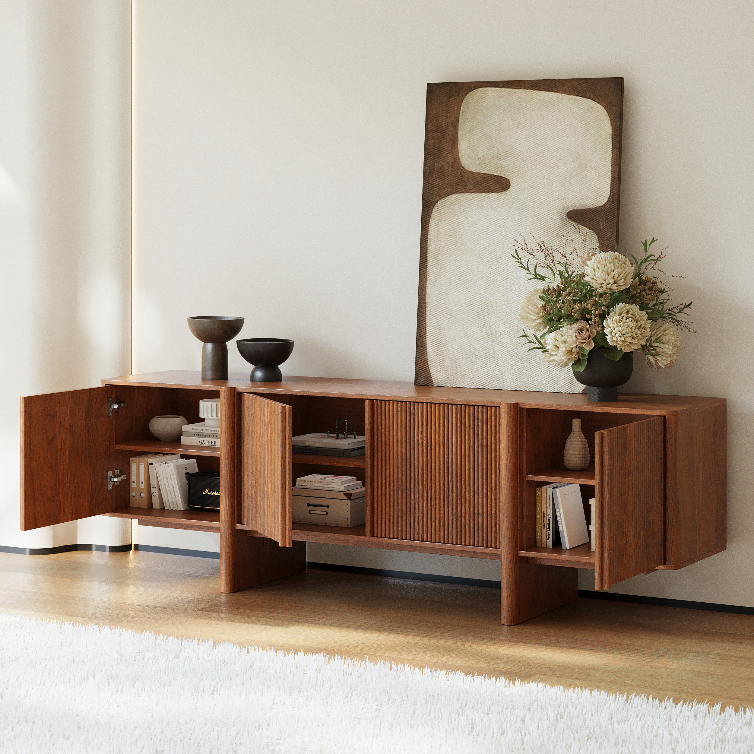 80" Solid Wood TV Stand Mid Century Modern Media Console with Storage in Walnut