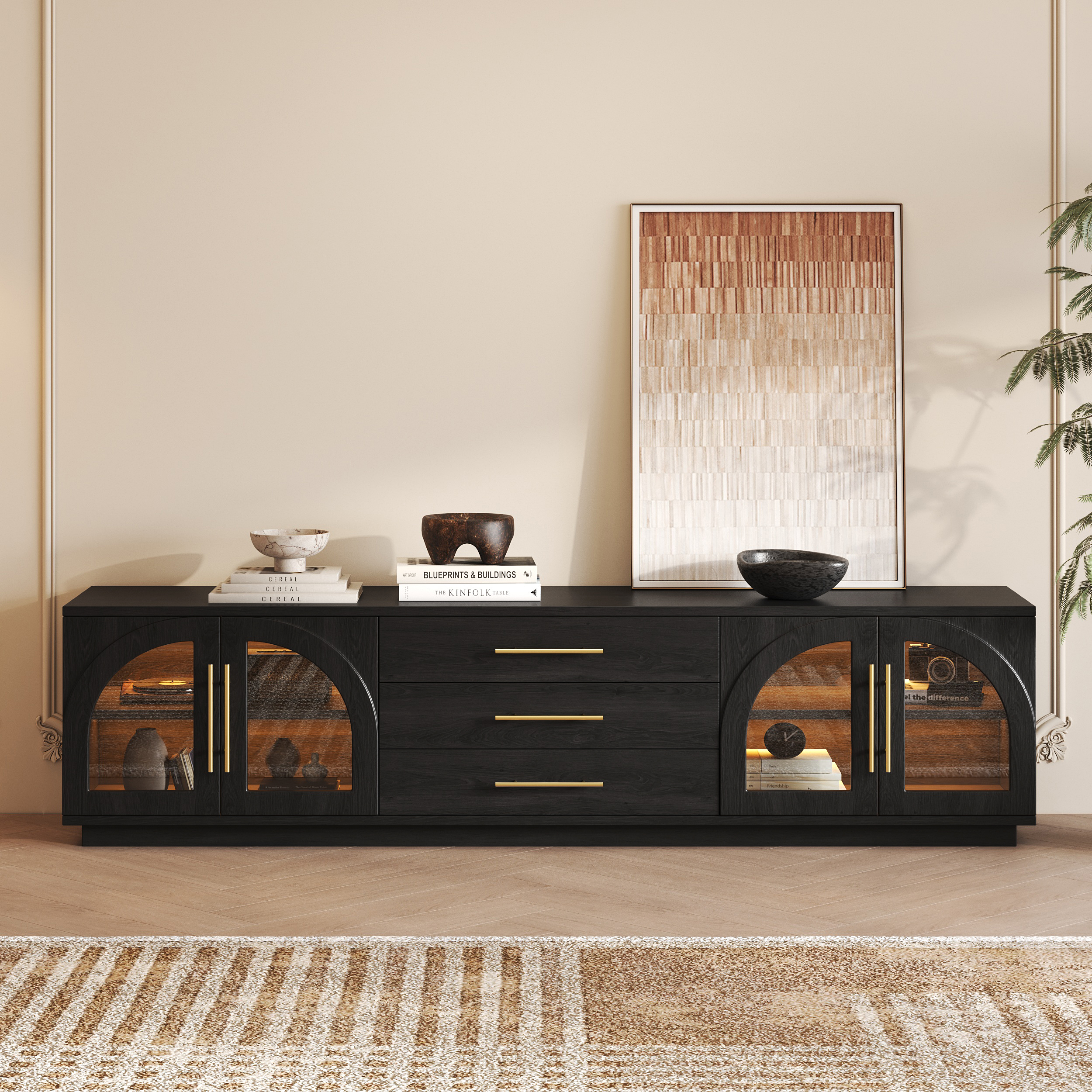 Arune 80" Mid Century Modern Black TV Stand with LED Lights and Arched Glass Cabinet Doors