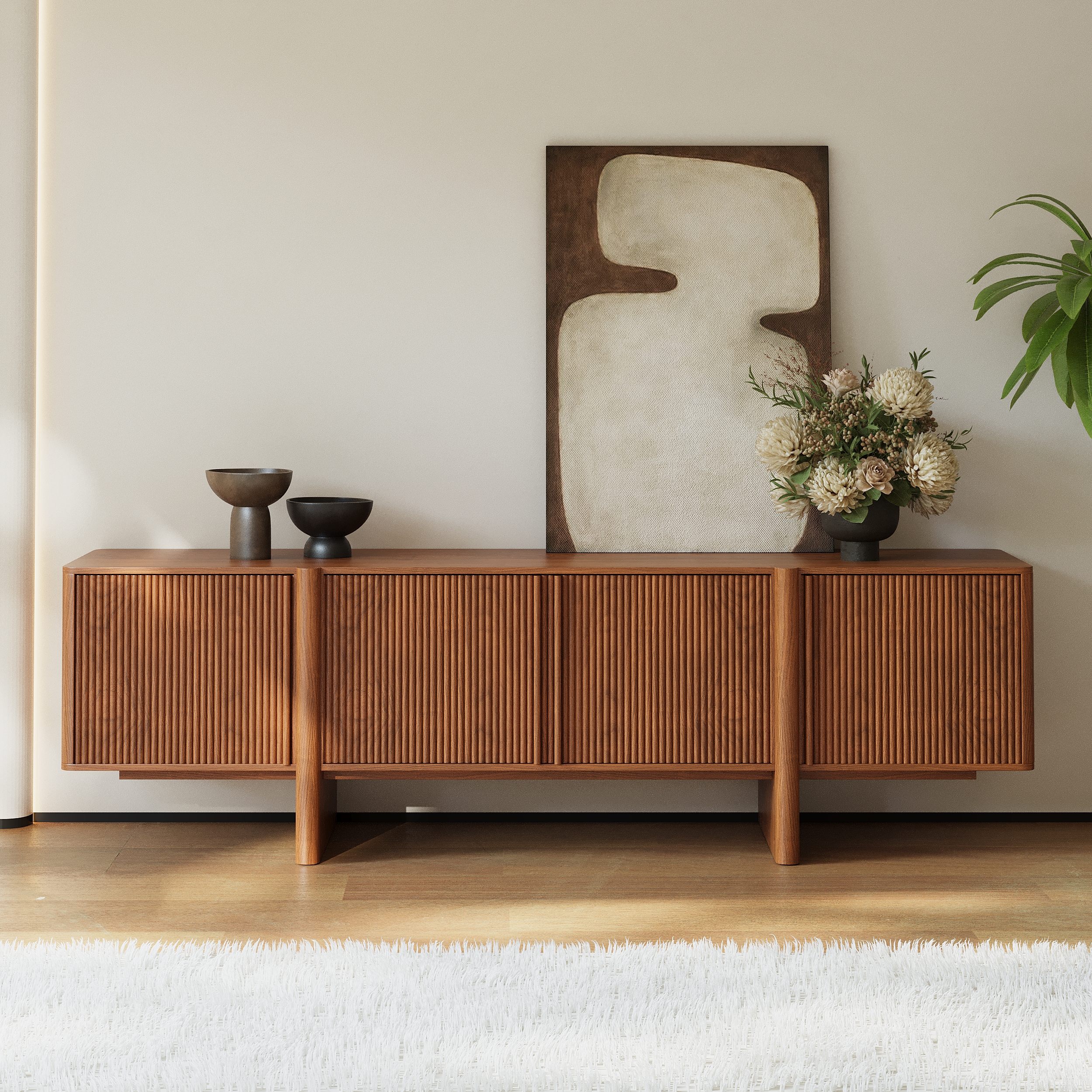 80" Solid Wood TV Stand Mid Century Modern Media Console with Storage in Walnut