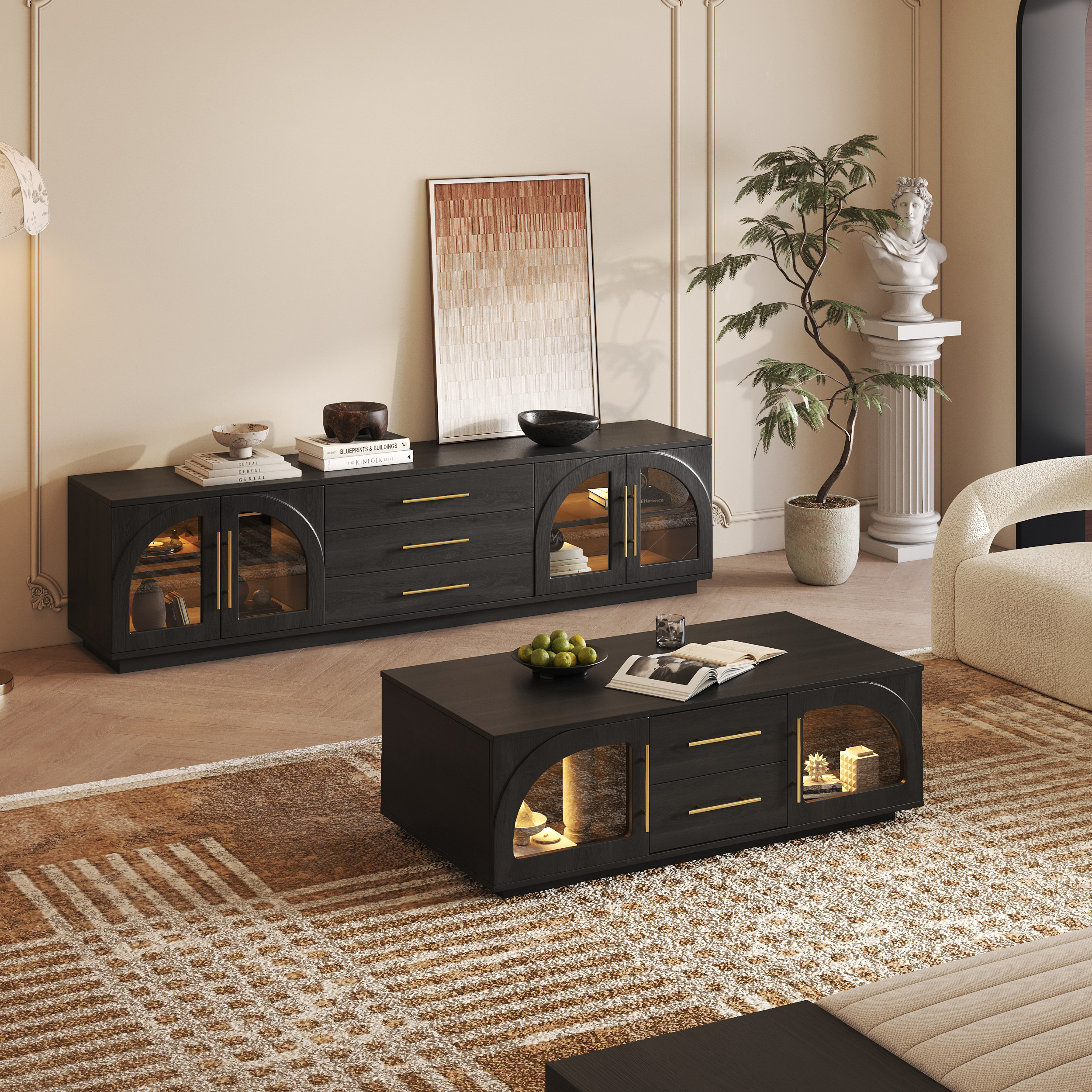 Arune 80" Mid Century Modern Black TV Stand Coffee Table Set with LED Lights and Arched Glass Cabinet
