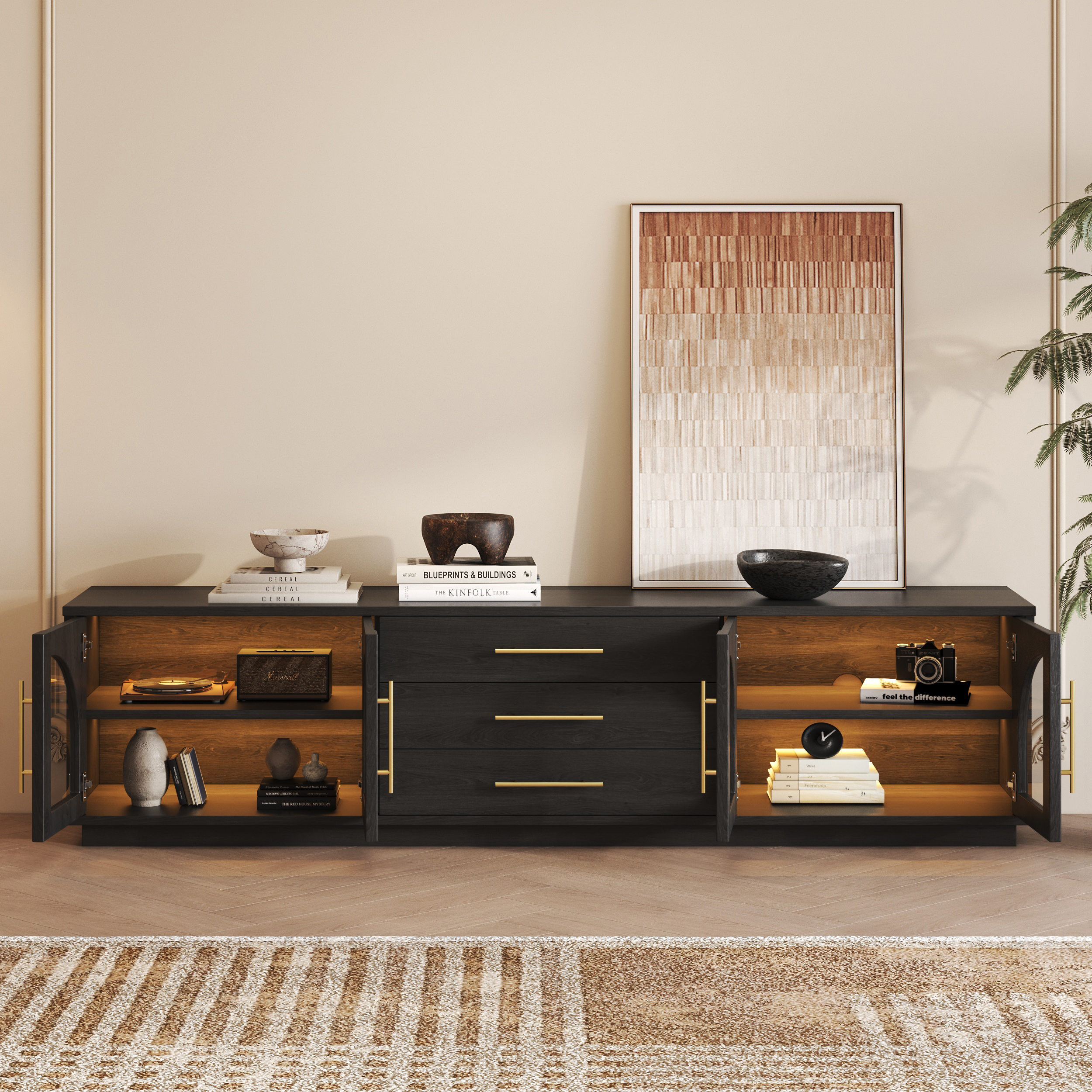 Arune 80" Mid Century Modern Black TV Stand with LED Lights and Arched Glass Cabinet Doors