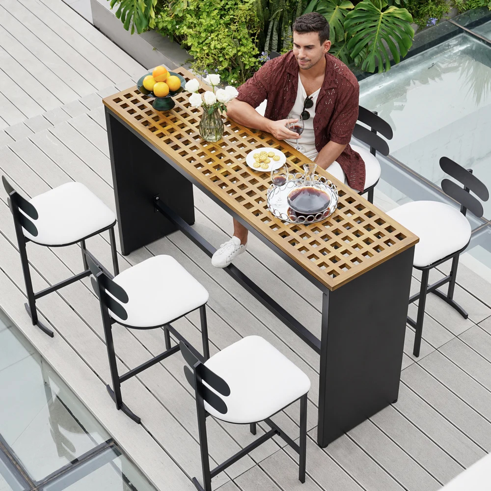 7-Pieces 70.9'' Teak Rectangle Hollow Bar Dining Table Set for Outdoor & Patio