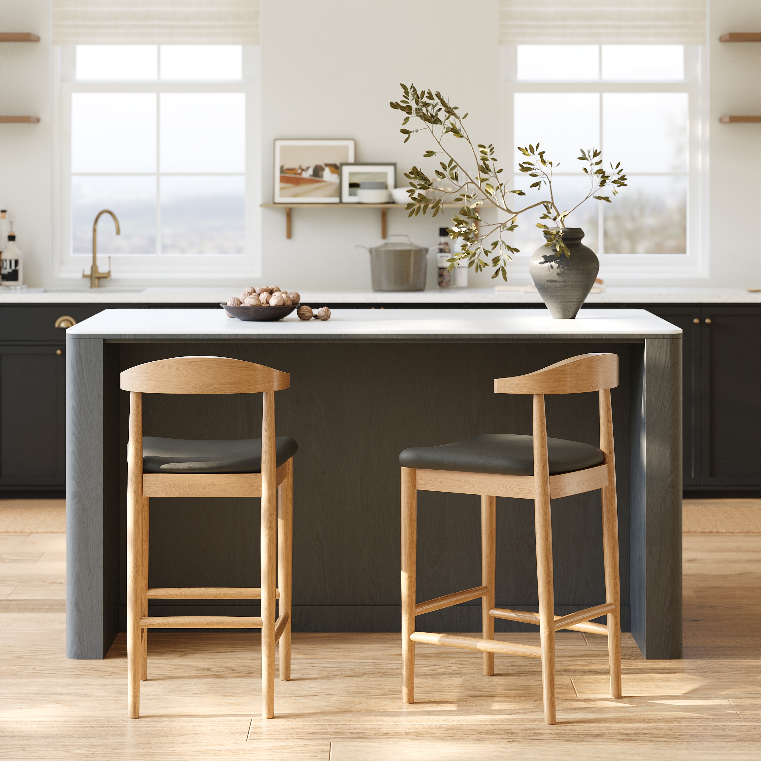 Modern Walnut Solid Wood Counter Stool with Black Faux Leather Upholstery