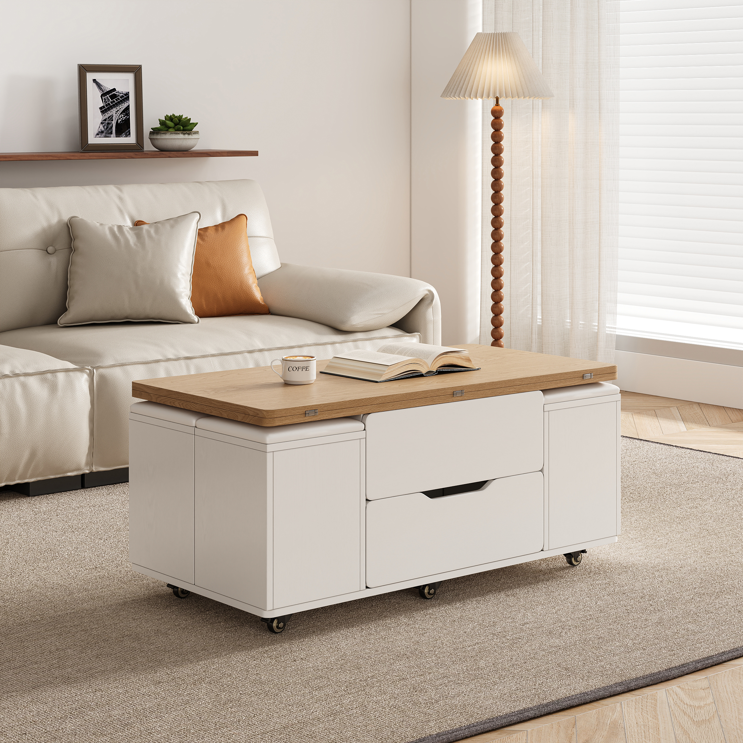 Modern Natural&White Lift Top Coffee Table 4 in 1 with Storage Ottoman Foldable