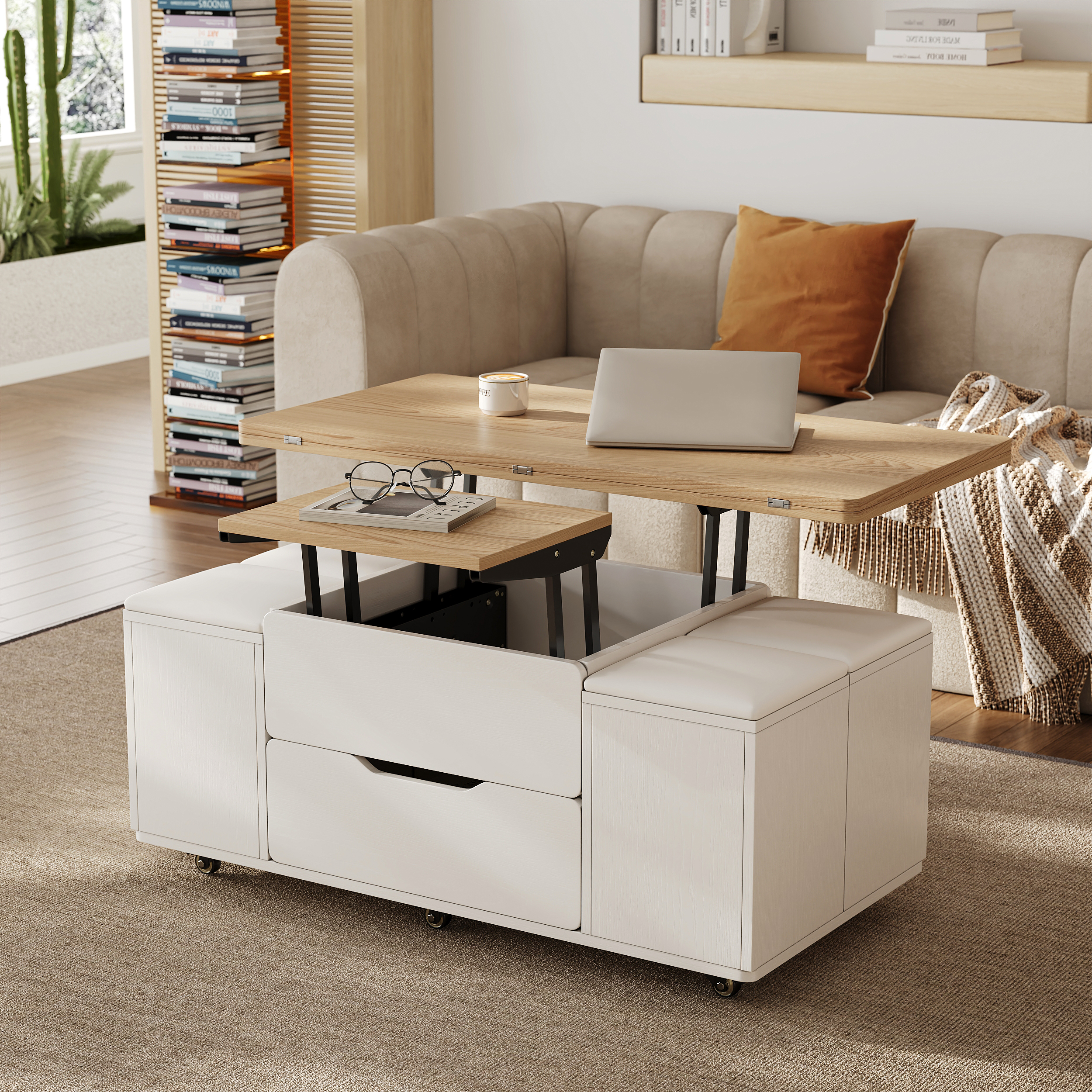 Modern Natural&White Lift Top Coffee Table 4 in 1 with Storage Ottoman Foldable