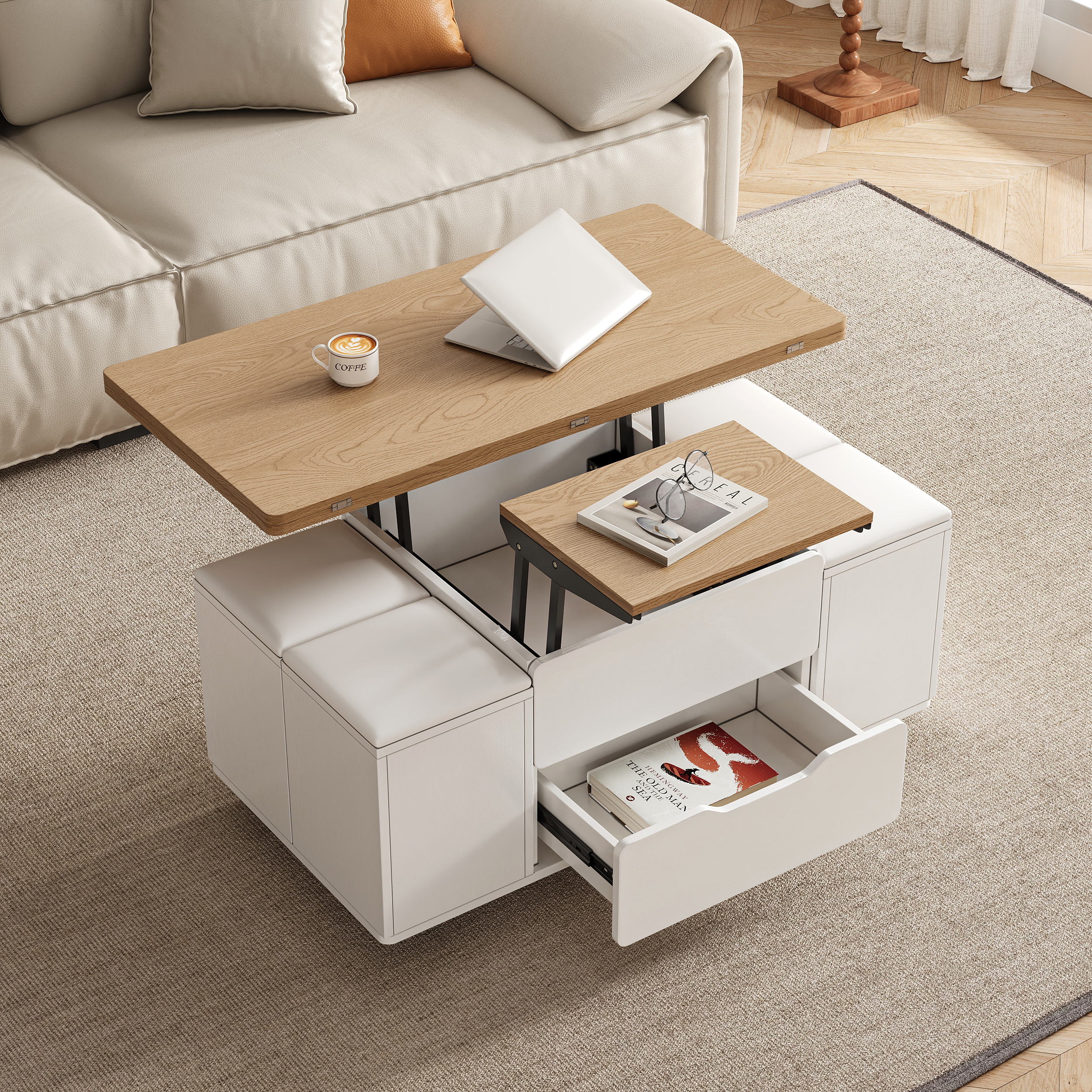Modern Natural&White Lift Top Coffee Table 4 in 1 with Storage Ottoman Foldable and Casters