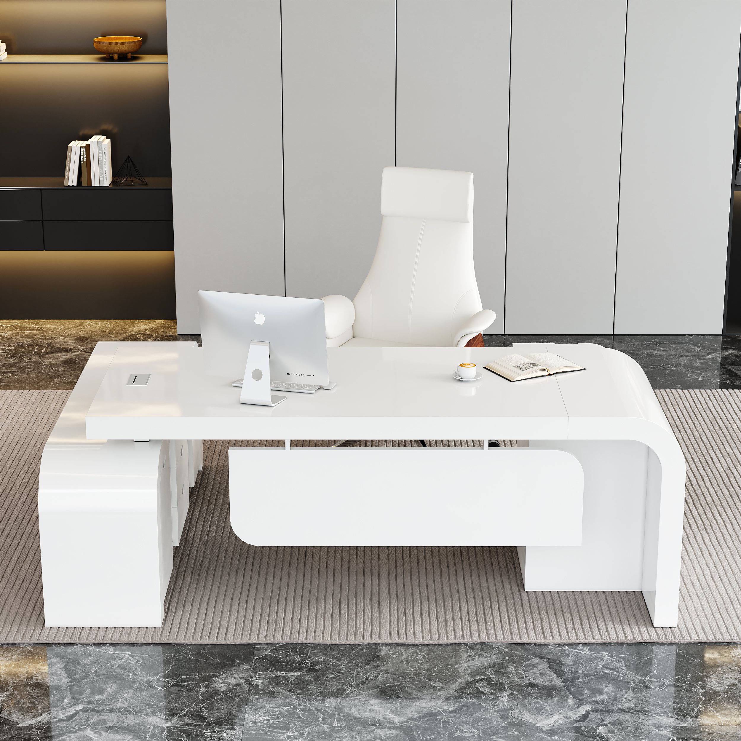 70.9" White L-shaped Modern Executive Desk Right Hand & Reclining Leather Office Chair