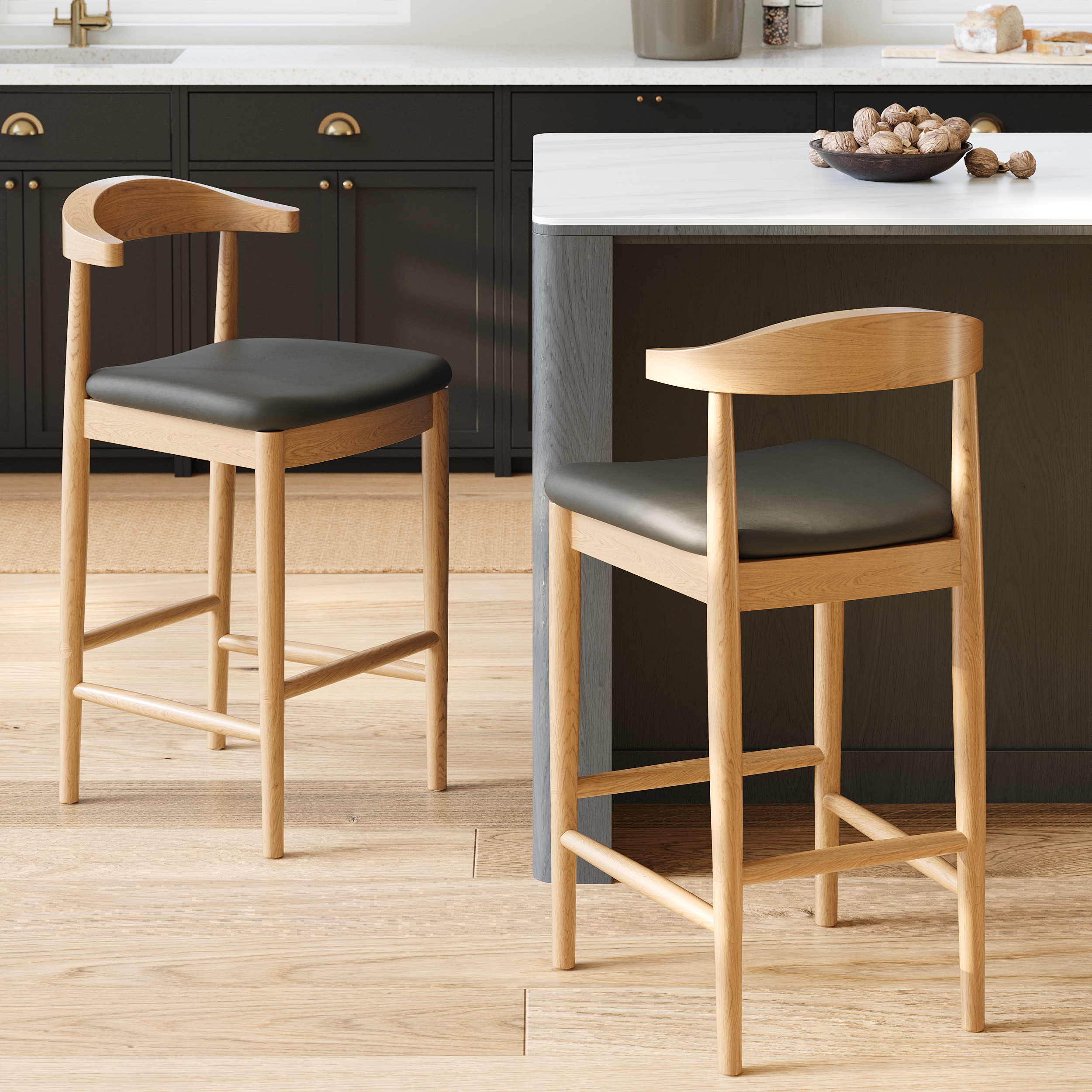 Modern Walnut Solid Wood Counter Stool with Black Faux Leather Upholstery