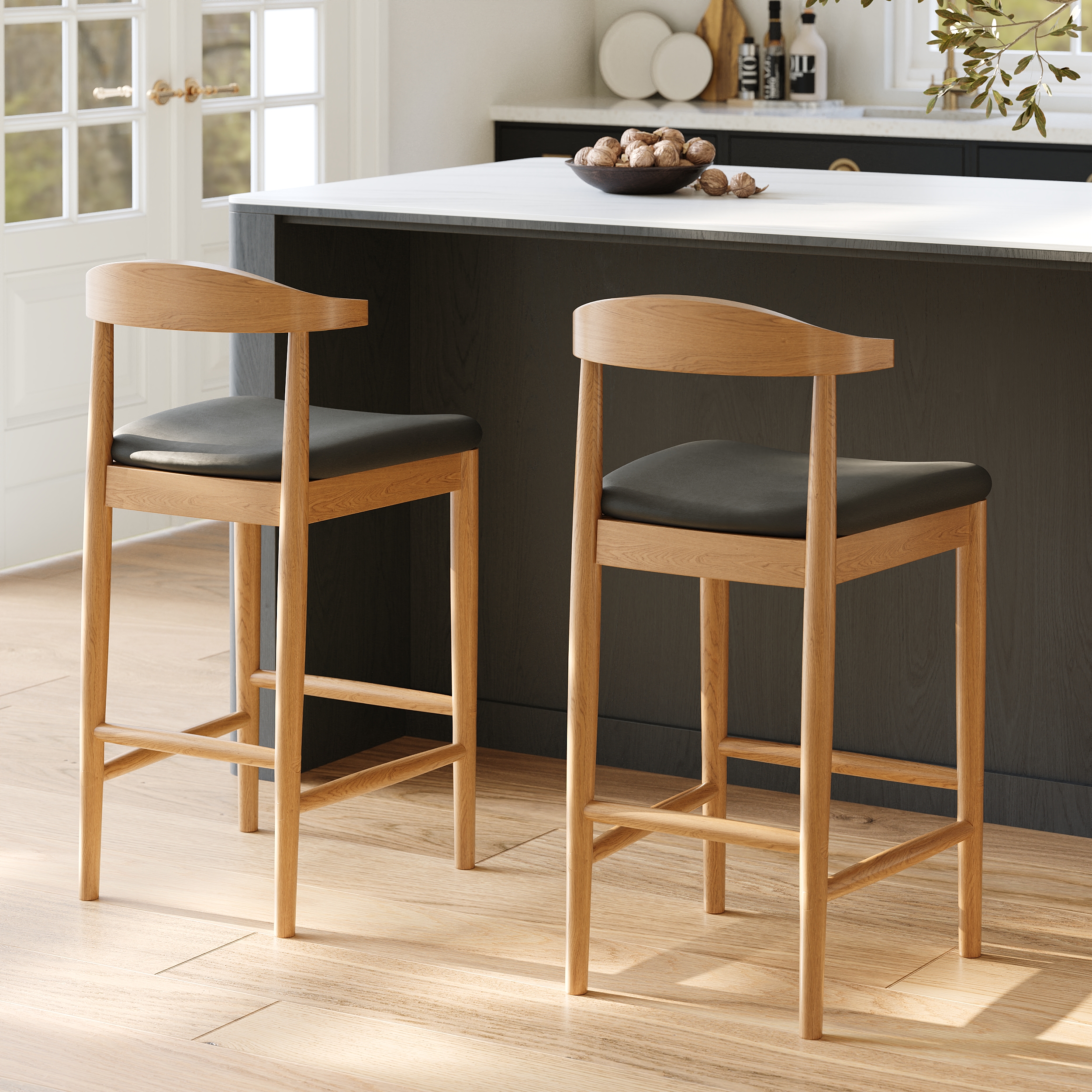 Modern Walnut Solid Wood Counter Stool with Black Faux Leather Upholstery