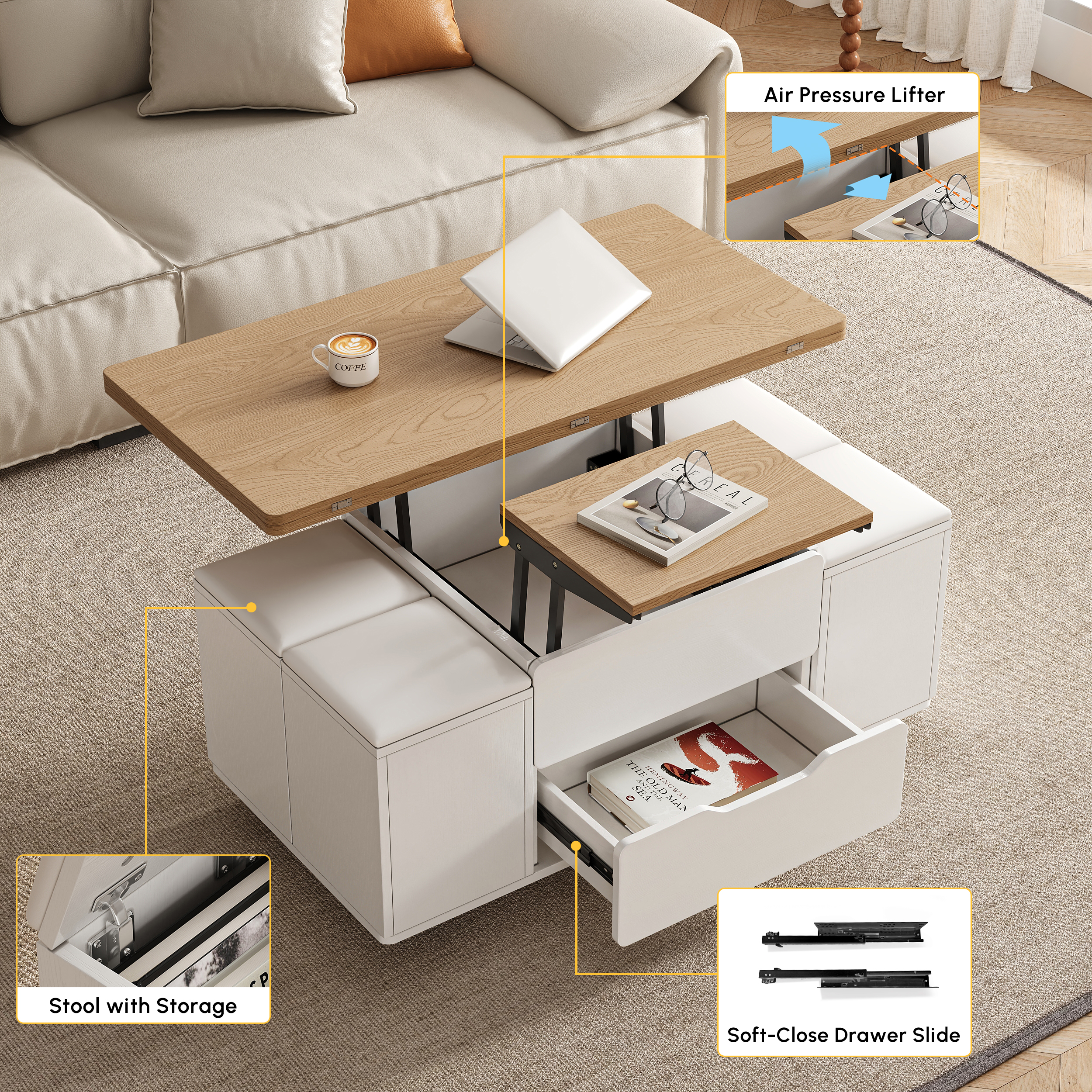 1000mm Lift-Top Foldable Natural &White Coffee Table with 4 Stools