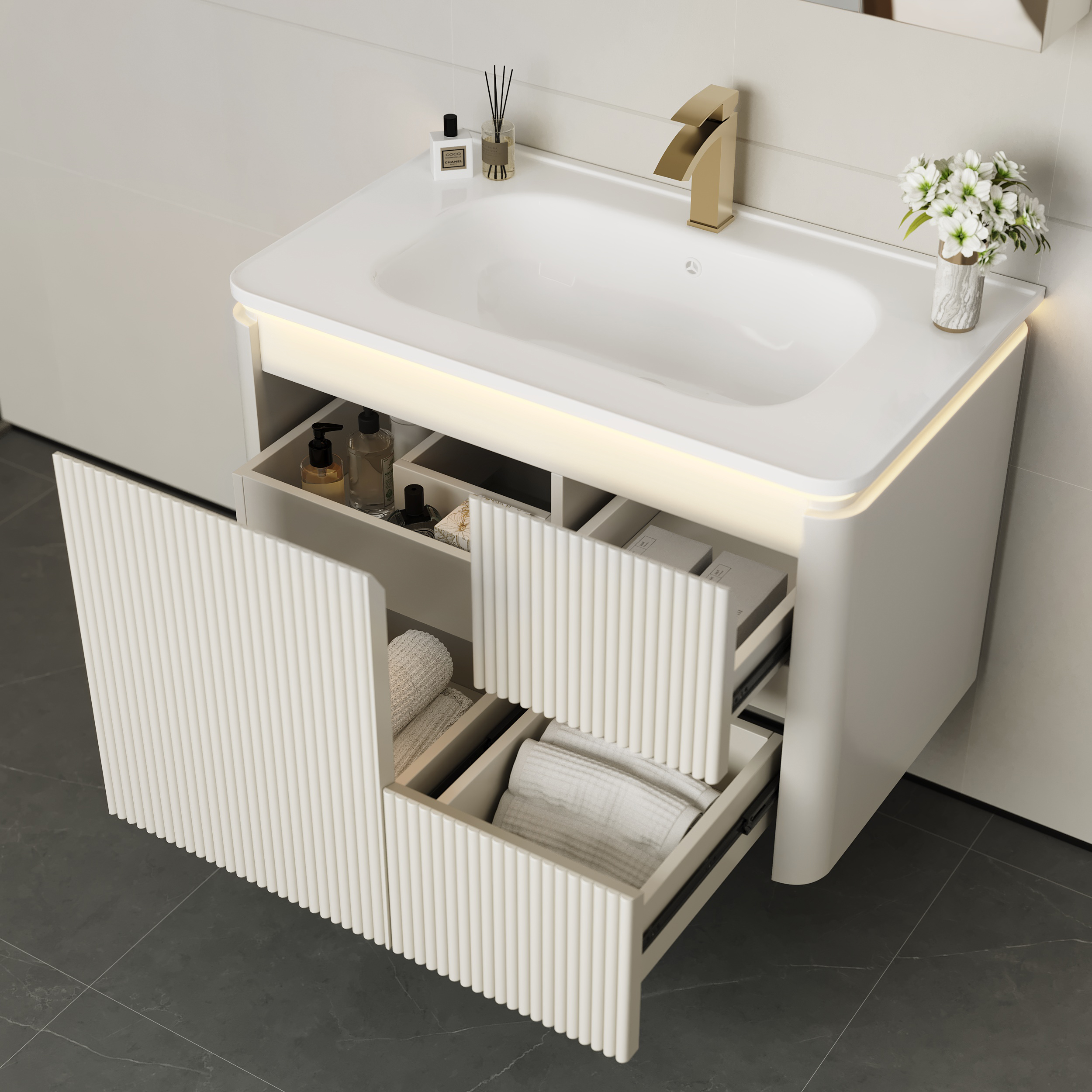 Ensemble de vanité de salle de bain flottant moderne à LED blanc chaud 800 mm avec lavabo image de vente