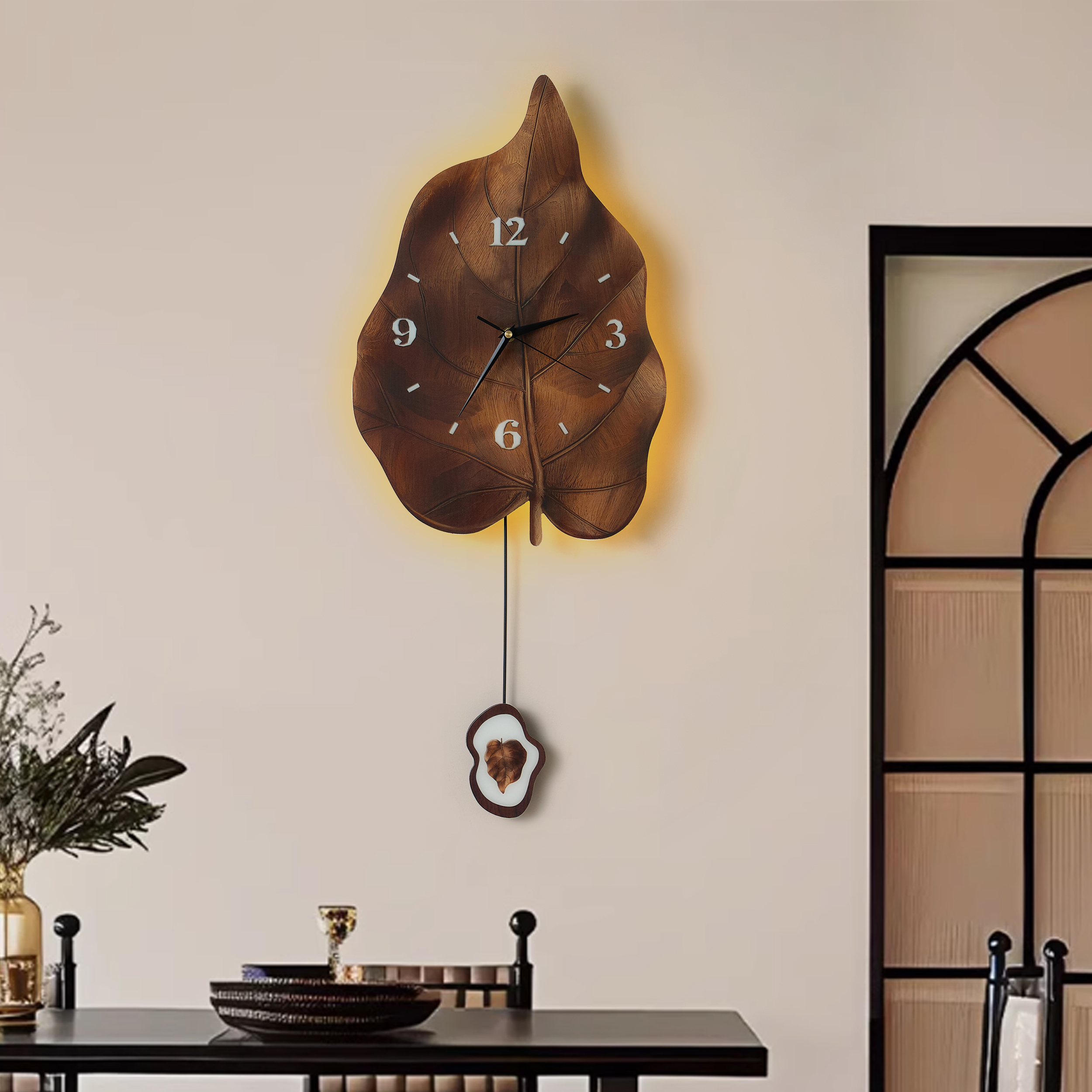 Rustic Leaf-Shaped Wall Clock with USB Light & Moving Pendulum– 28 Inches