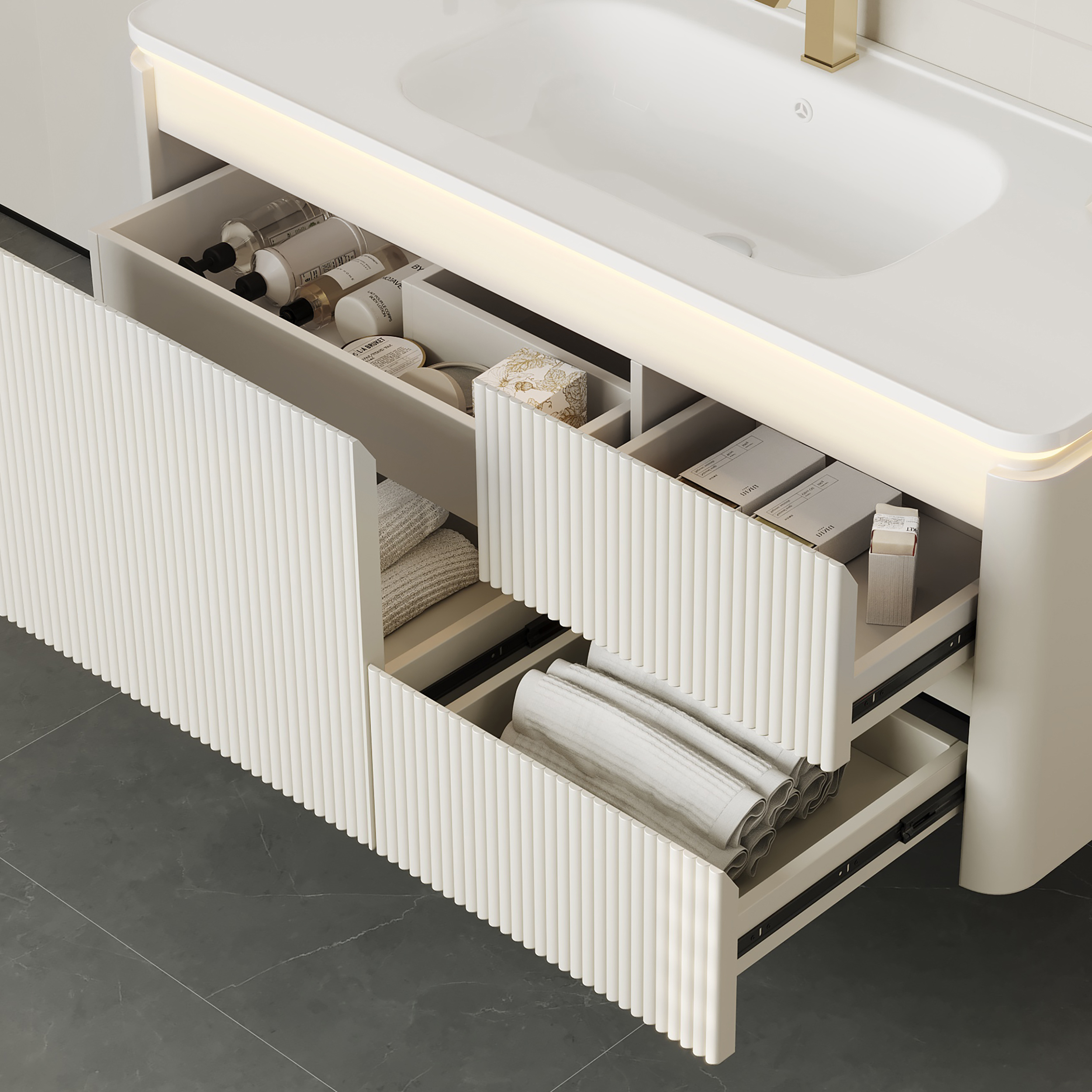 Meuble salle de bain suspendu 120 cm blanc mat avec vasque et LED intégrée image de vente
