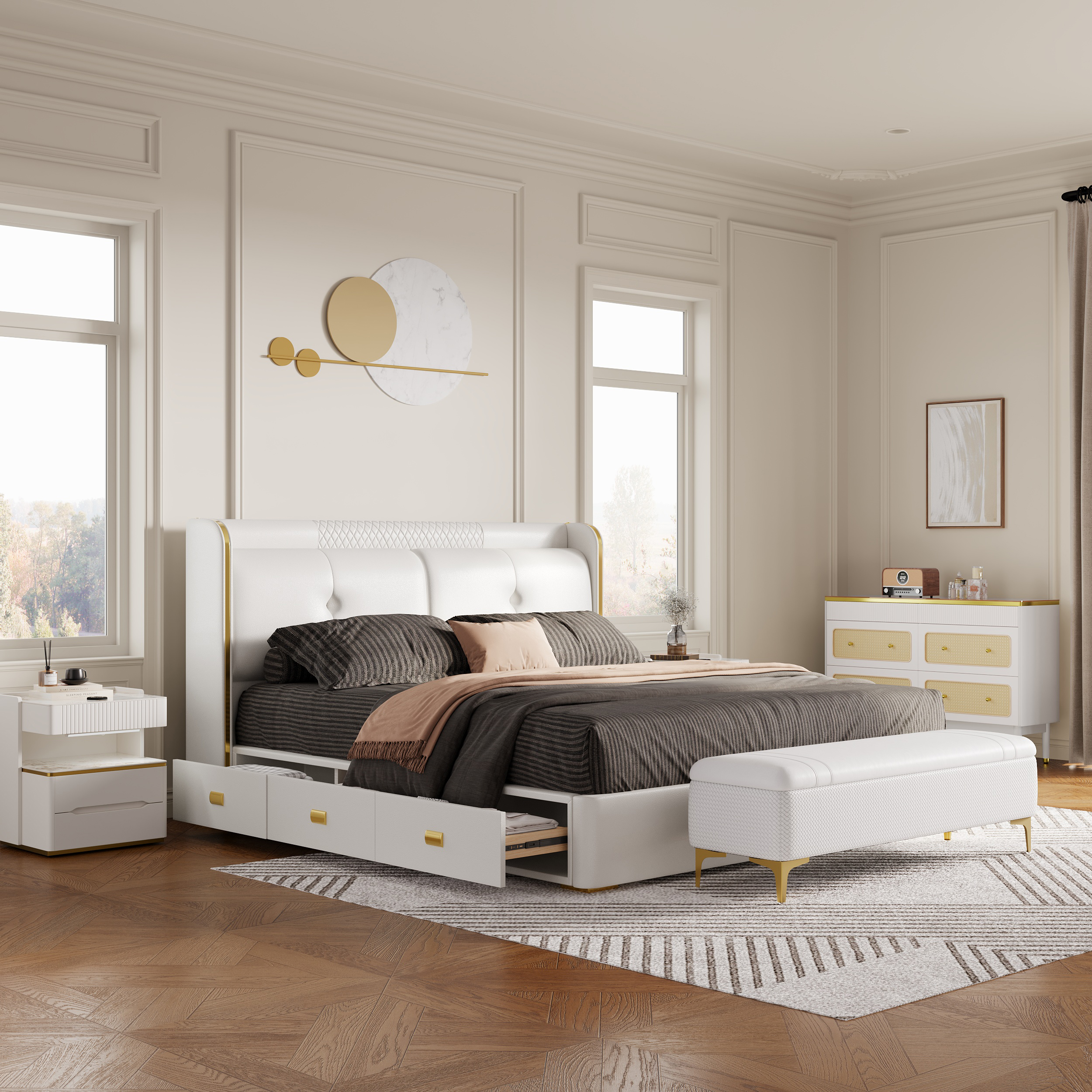 Homary White Wingback King Storage Bed with Faux Leather Upholstered Foam Padding Headboard & Wood