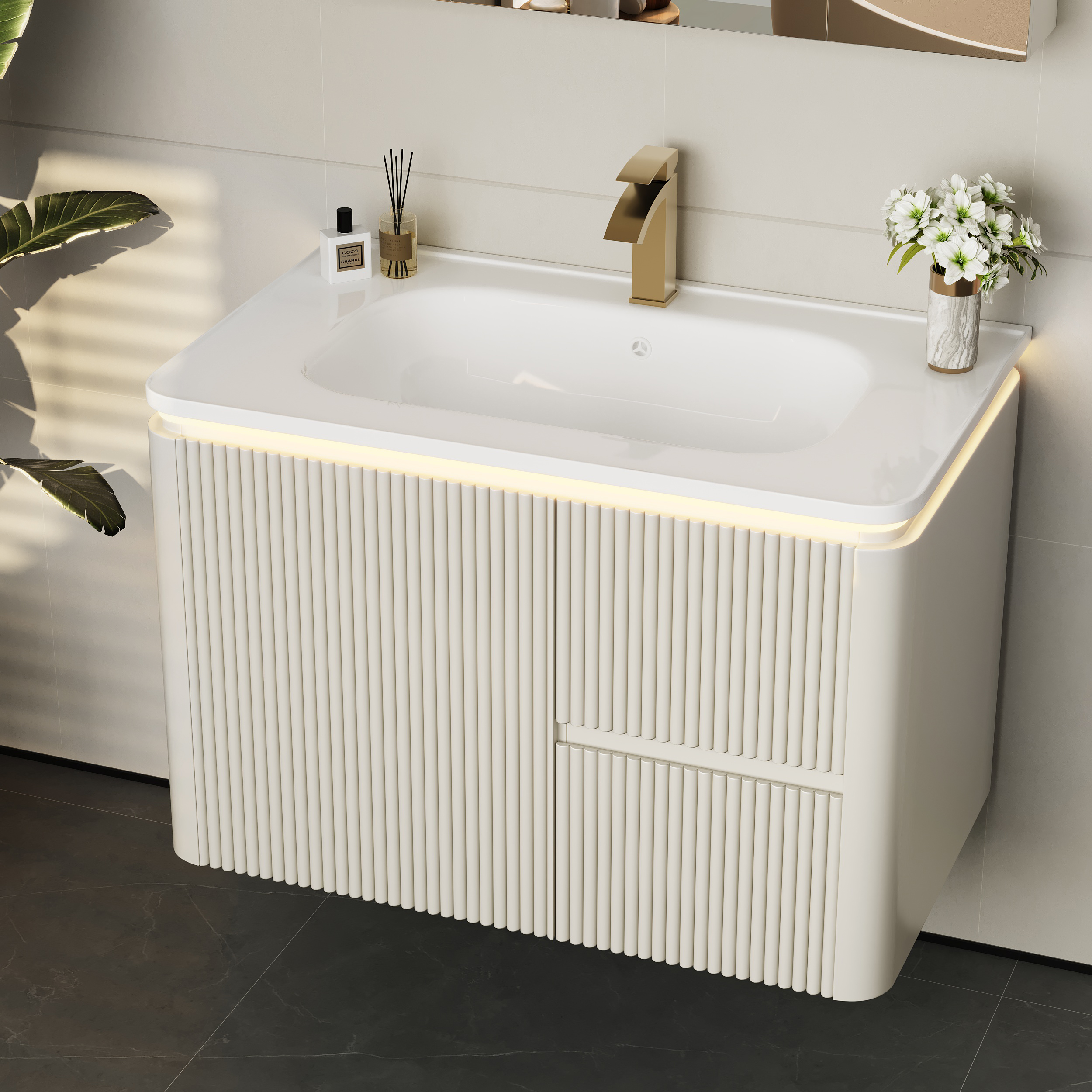 Ensemble de vanité de salle de bain flottant moderne à LED blanc chaud 800 mm avec lavabo image de vente