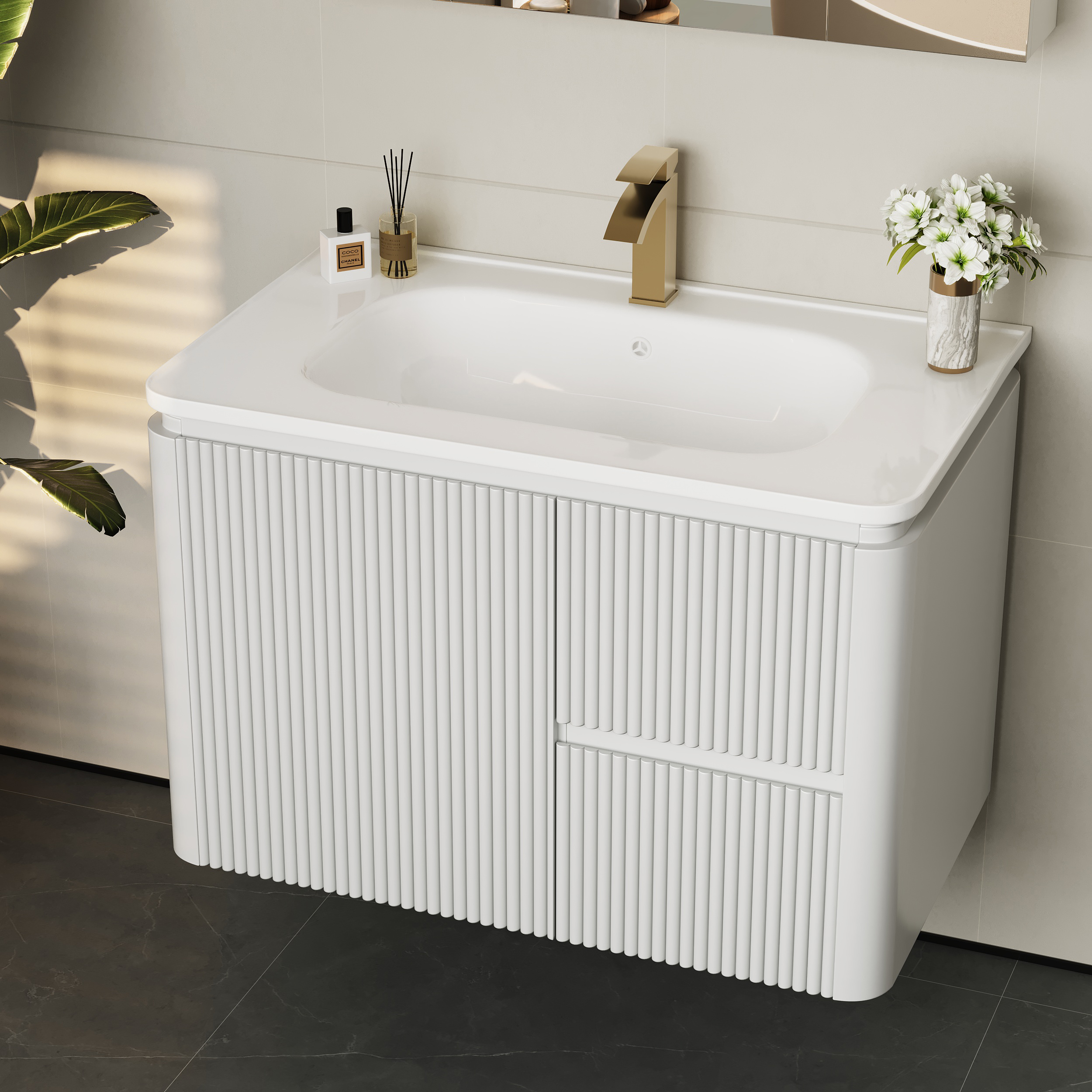 Ensemble de vanité de salle de bain flottant moderne à LED blanc chaud 800 mm avec lavabo image de vente