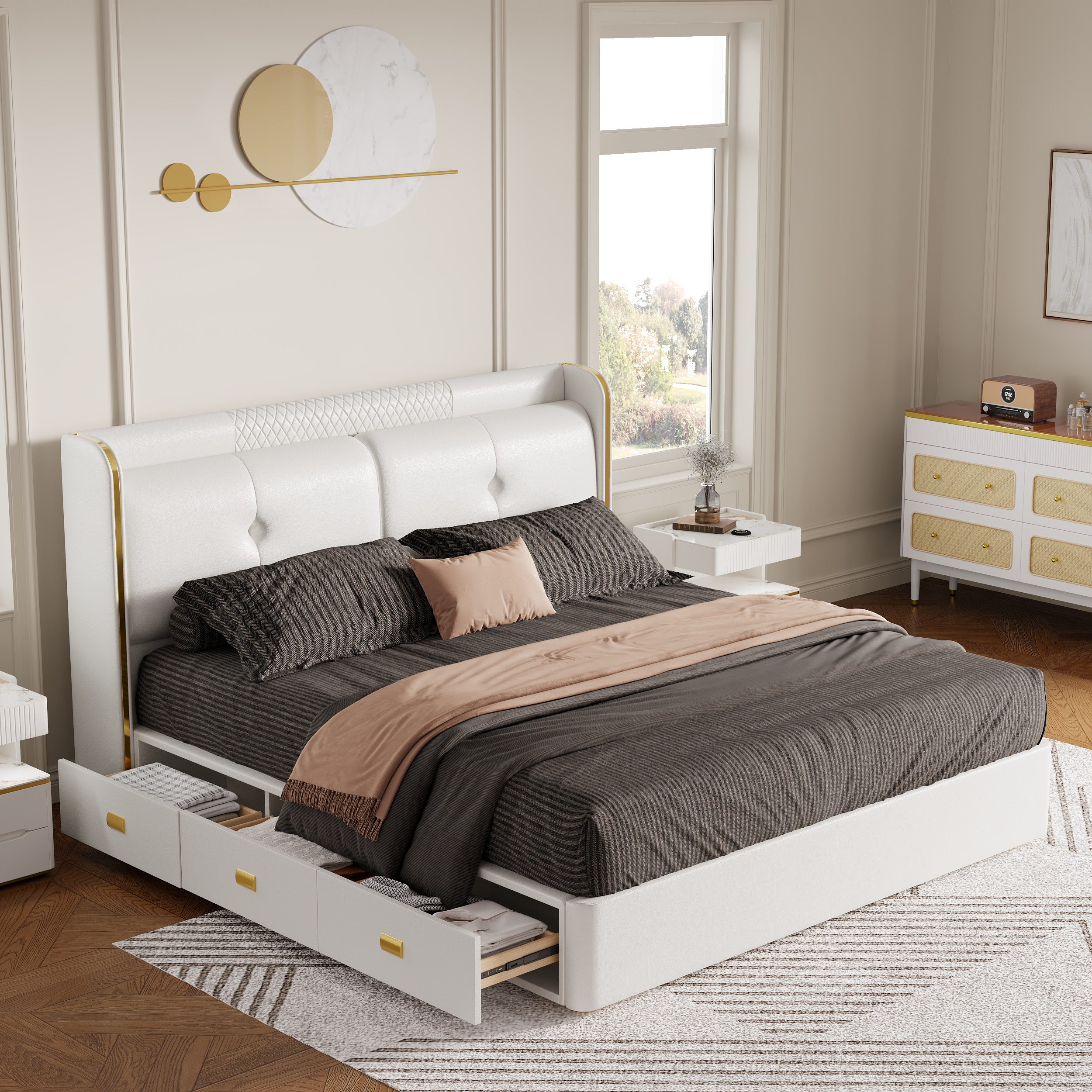 Homary White Wingback King Storage Bed with Faux Leather Upholstered Foam Padding Headboard & Wood