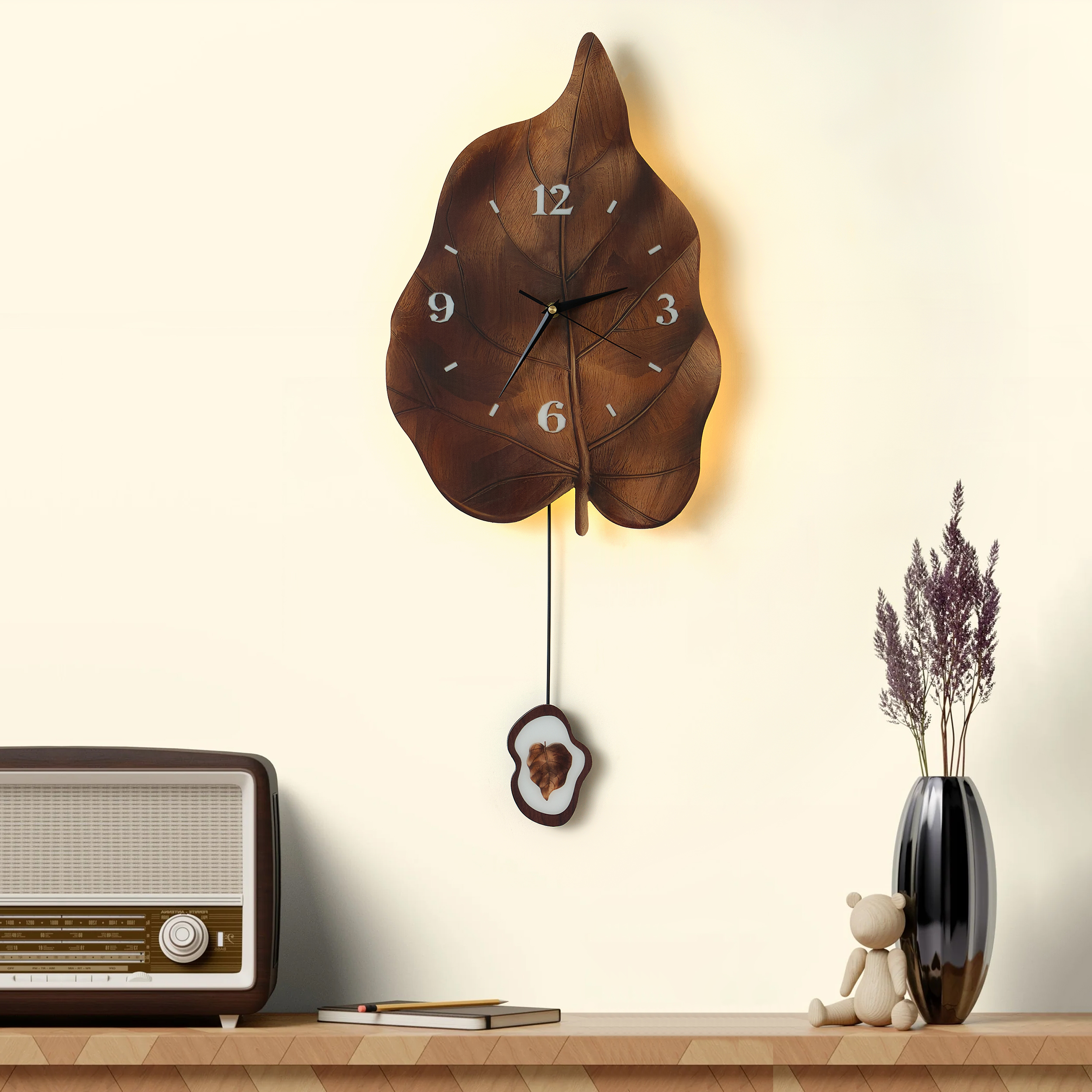 Rustic Leaf-Shaped Wall Clock with USB Light & Moving Pendulum – 710mm