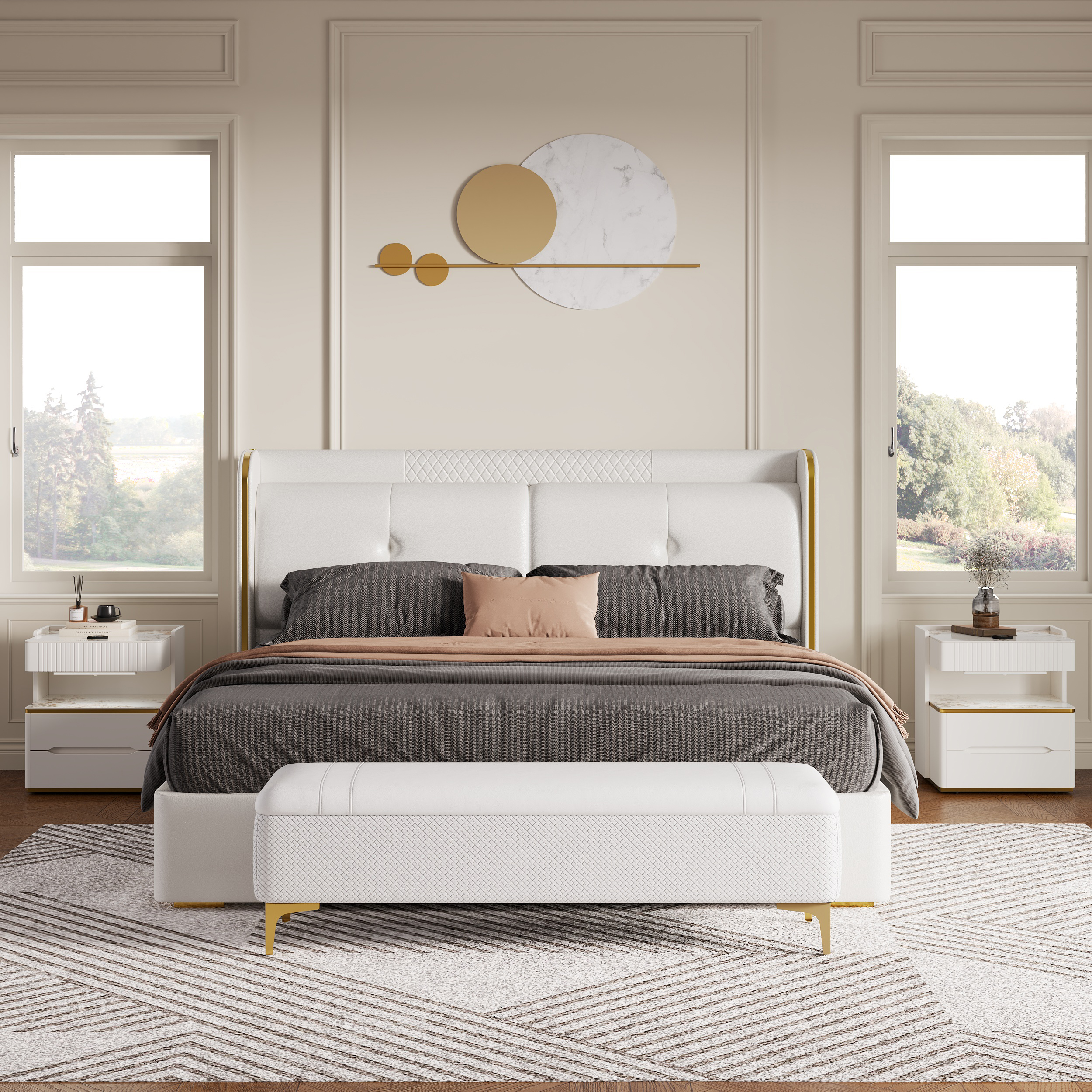 Homary White Wingback King Storage Bed with Faux Leather Upholstered Foam Padding Headboard & Wood