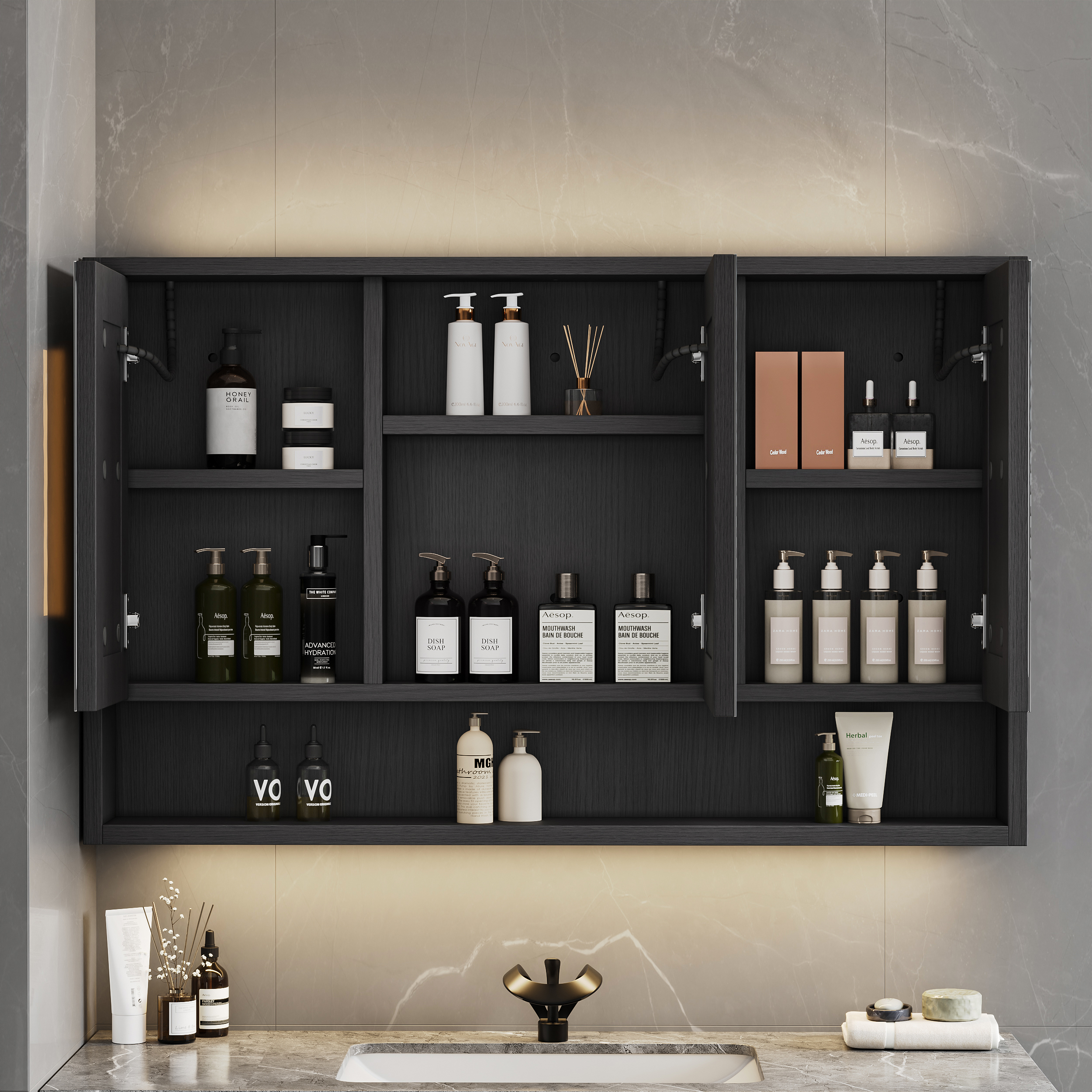 39" Black LED Medicine Cabinet with Adjustable Lighting, Demister & Digital Clock