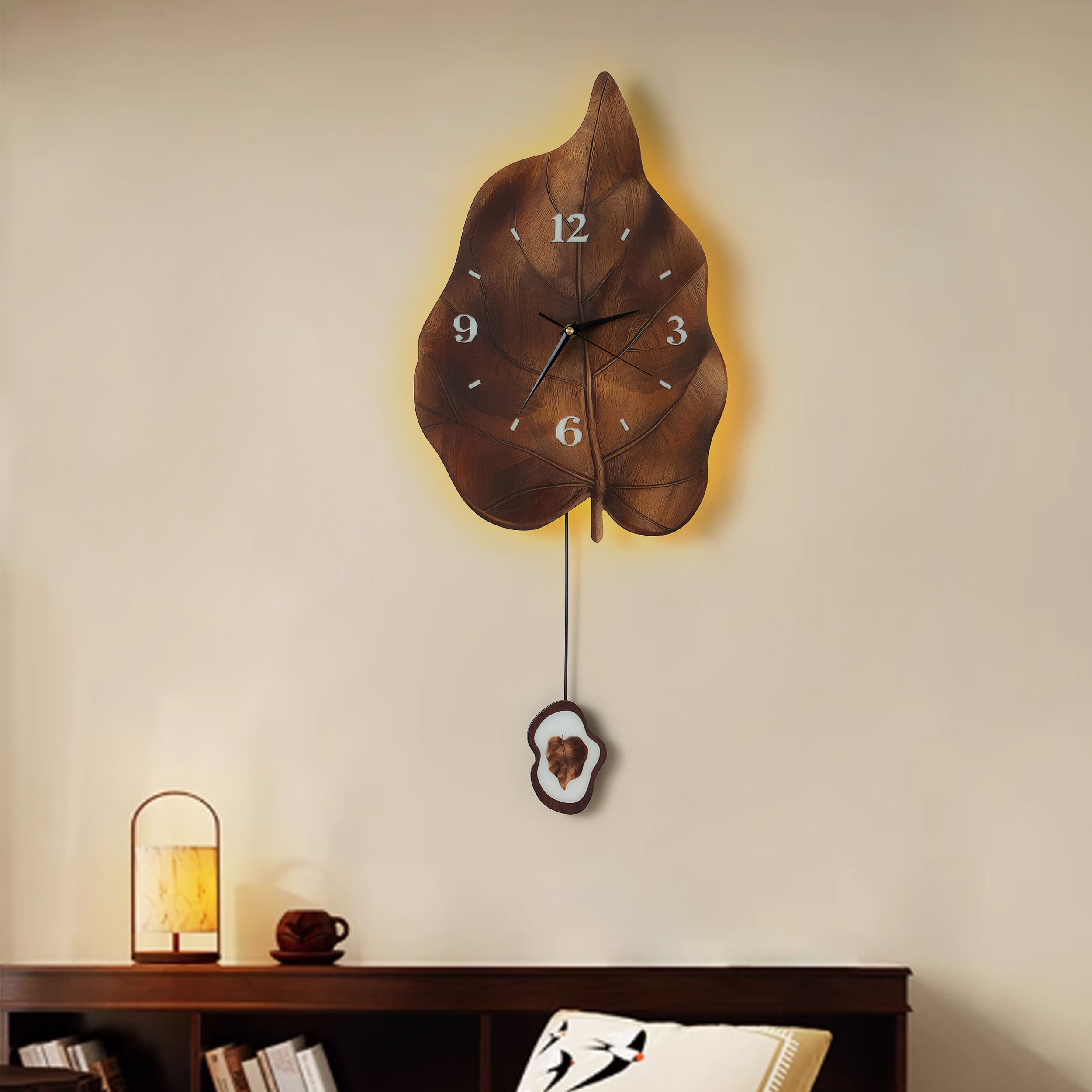 Rustic Leaf-Shaped Wall Clock with USB Light & Moving Pendulum– 28 Inches