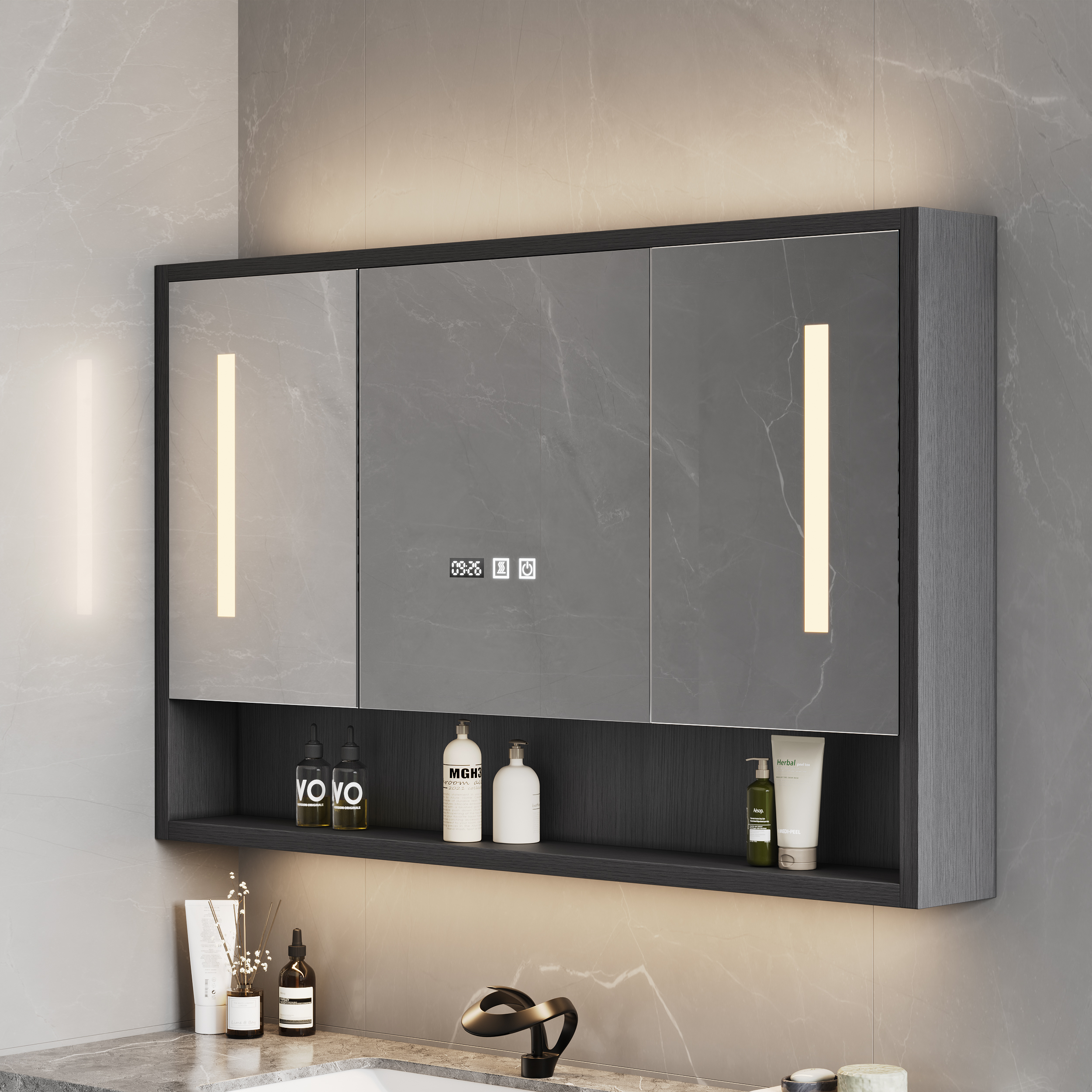 39" Black LED Medicine Cabinet with Adjustable Lighting, Demister & Digital Clock