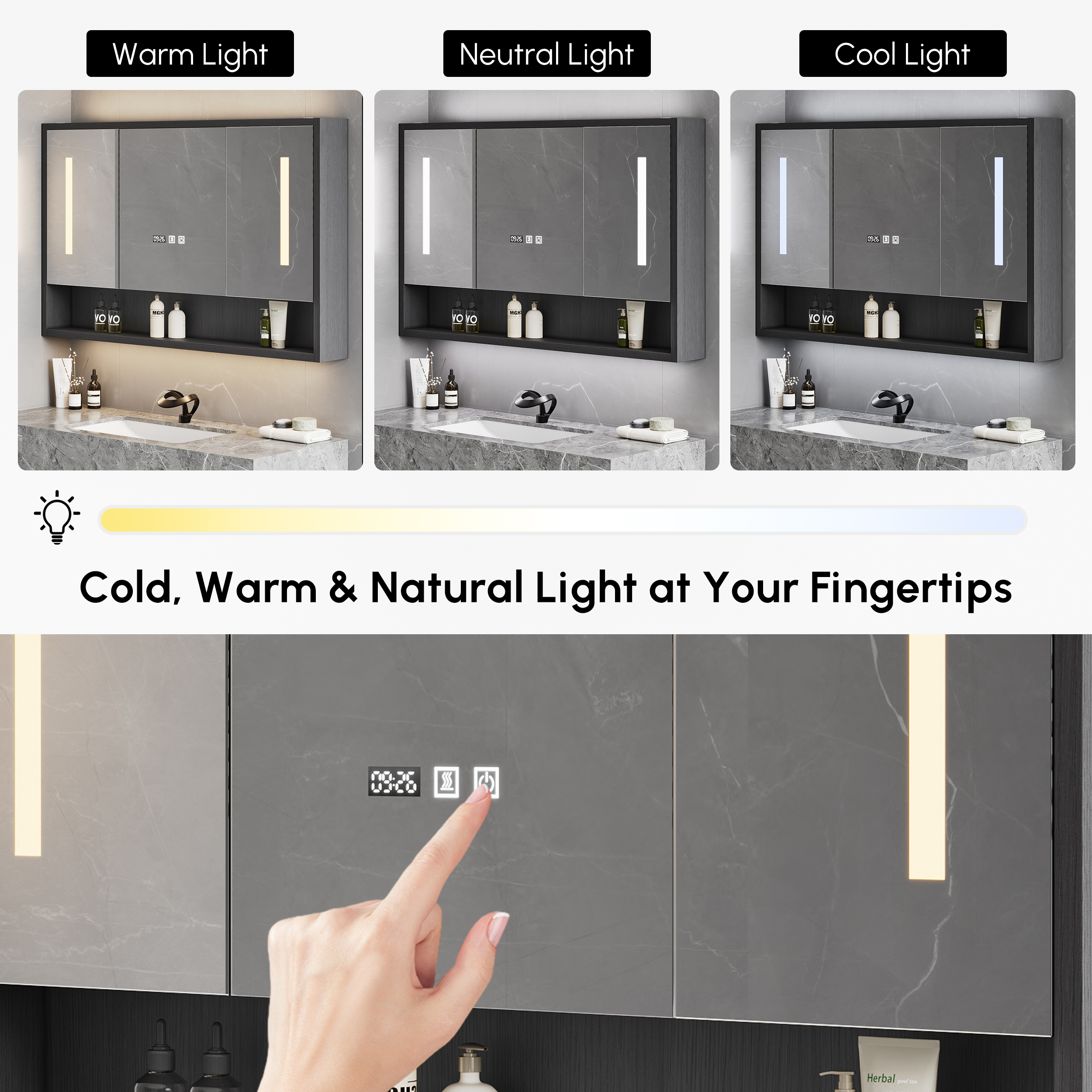 Armoire à pharmacie LED noire de 1000 mm avec éclairage réglable, antibuée et horloge numérique image de vente
