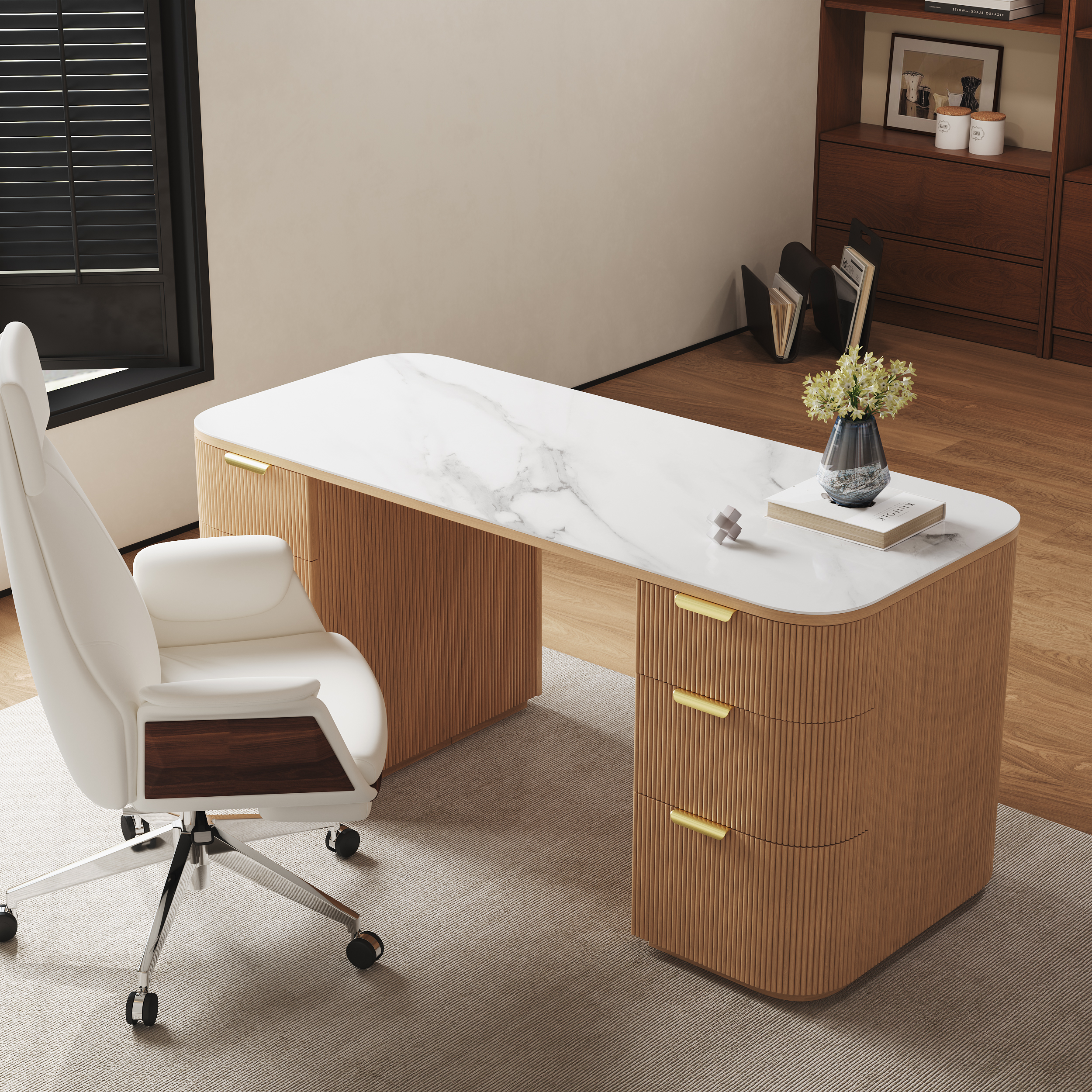Escritorio rectangular de madera de fresno blanco moderno y silla de oficina reclinable de cuero (63.8")
