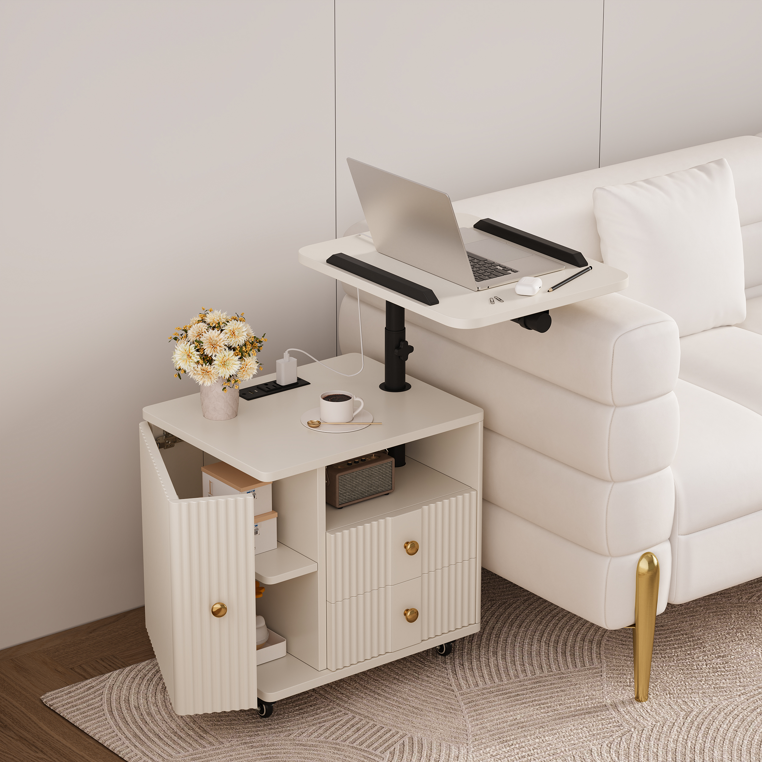 Fluted Smart Nightstand with Lift Up Table & Charging Station