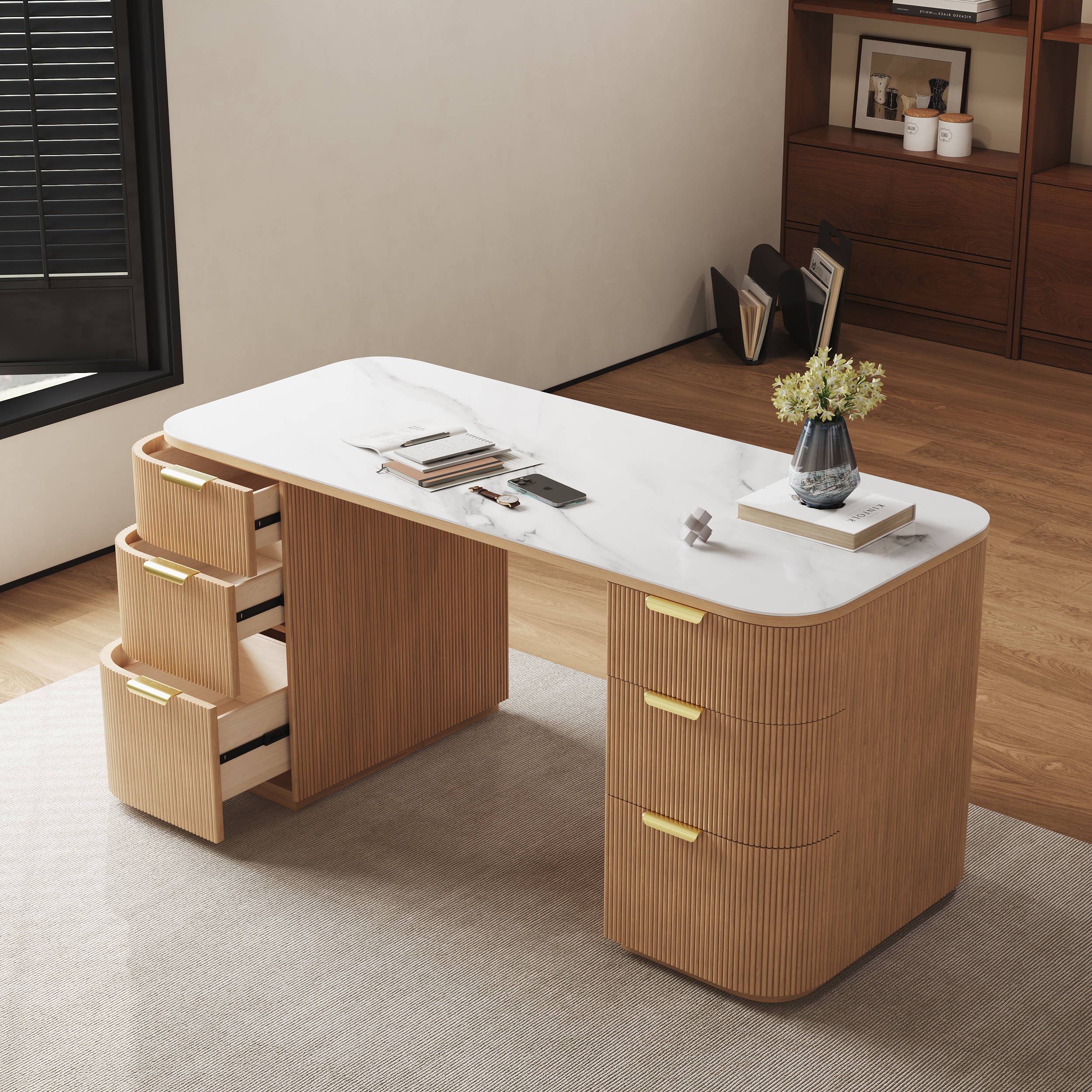 Marble Rectangle Home Office Desk with 6 Drawers White Executive Writing Desk (63.8")