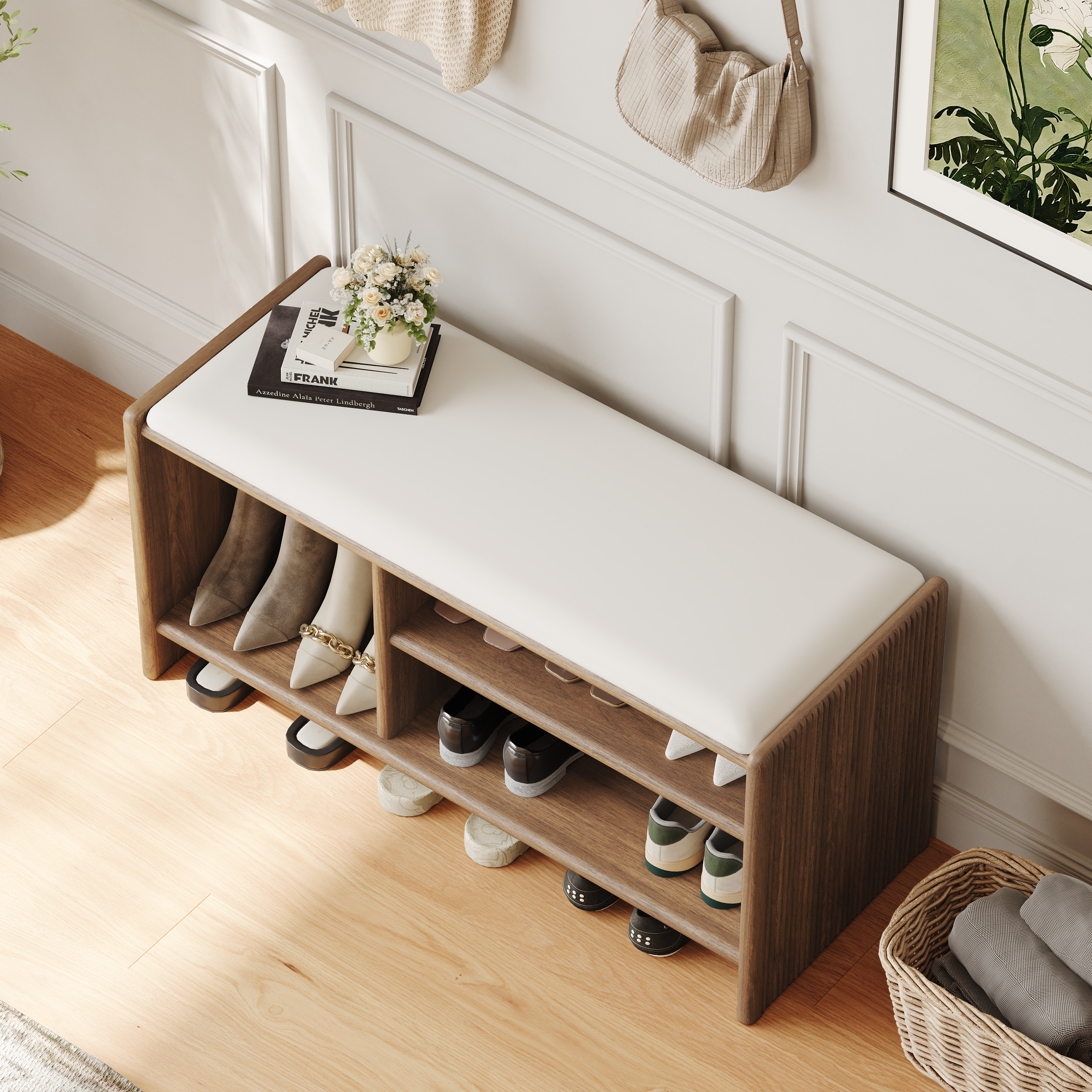Modern Leather Upholstered Entryway Bench in Walnut Wood Shoe Storage (40'' Wide)