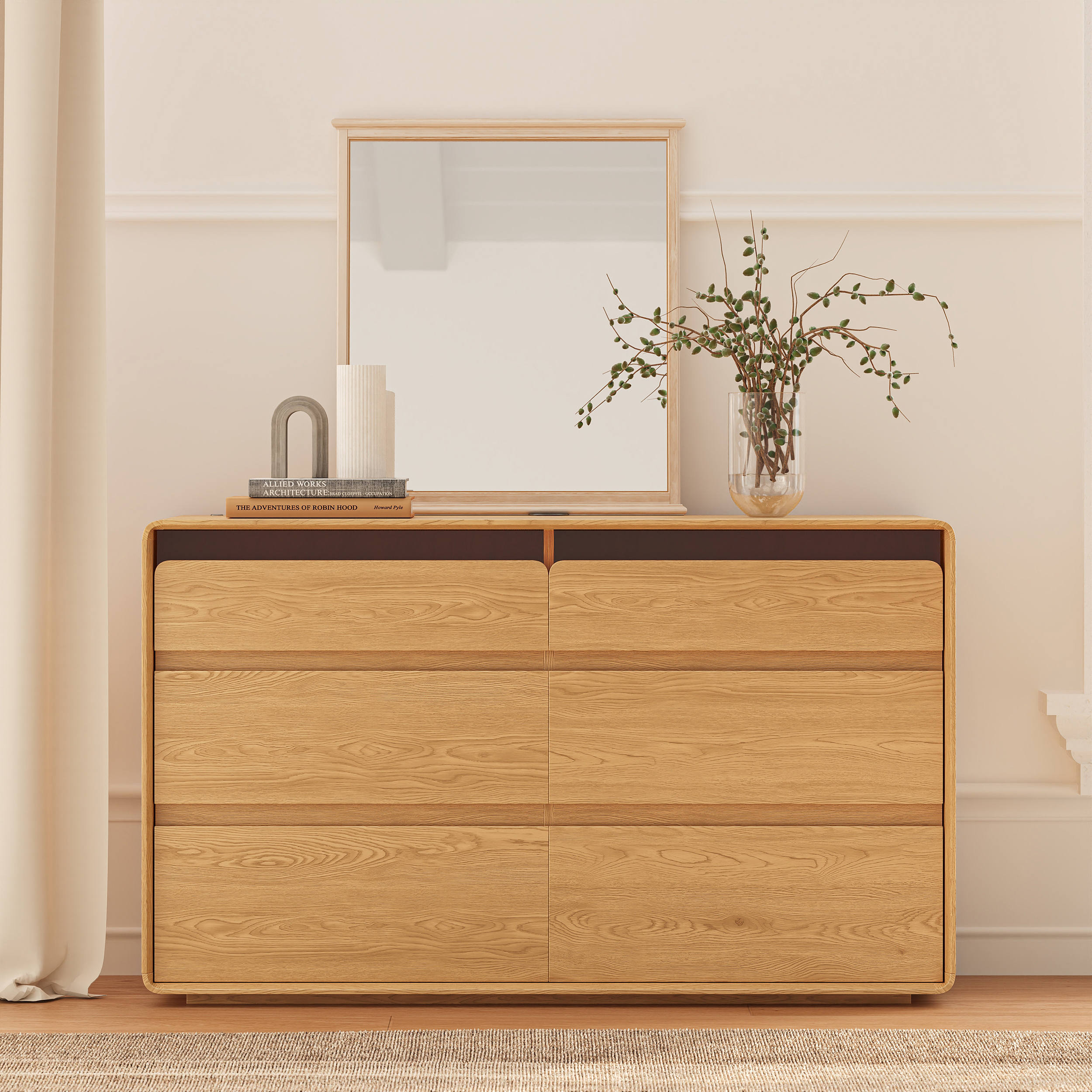 47" Wooden 6-Drawer LED Dresser with Charging Station