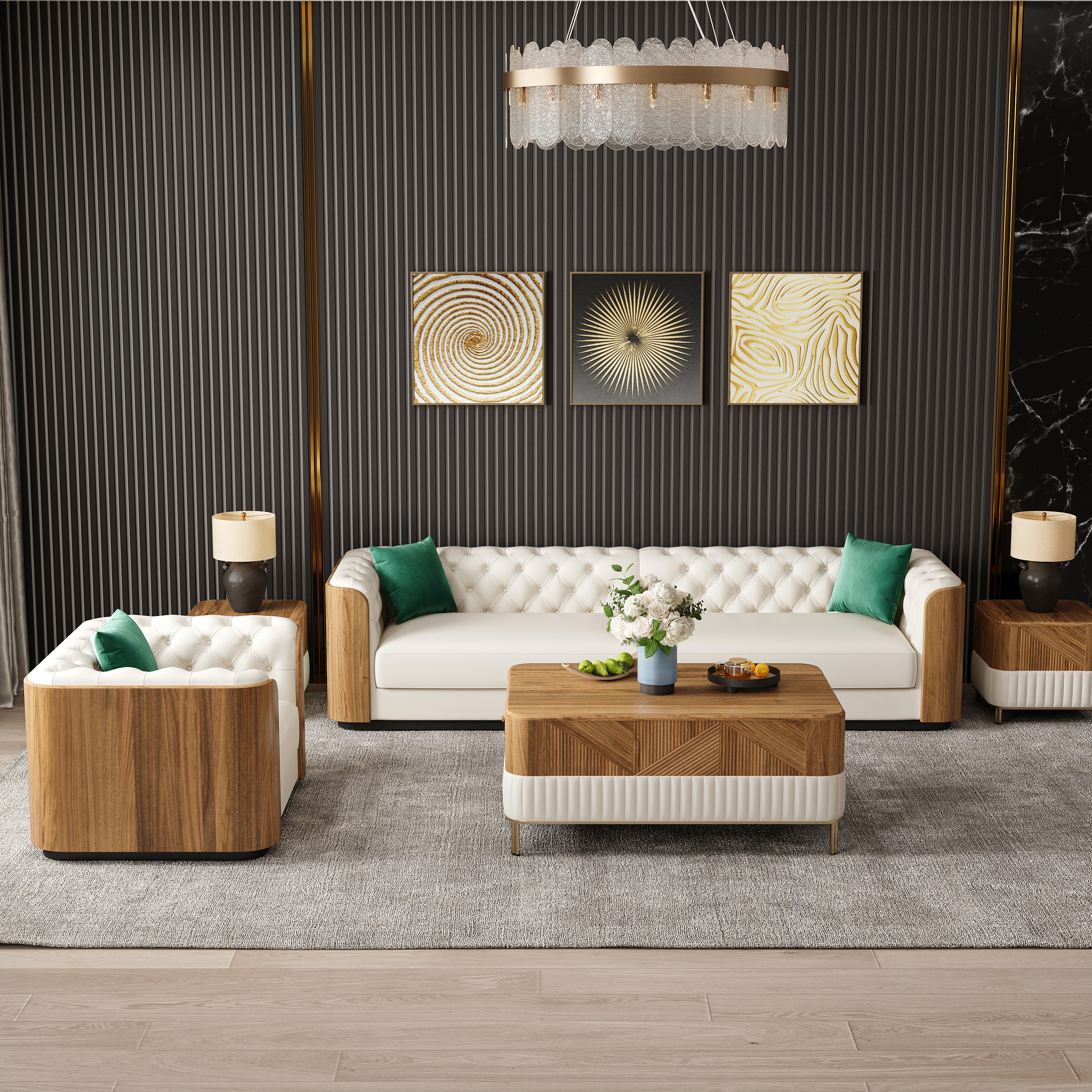 Wovent 111" Modern Faux Leather Tufted Sofa Living Room Set of 2
