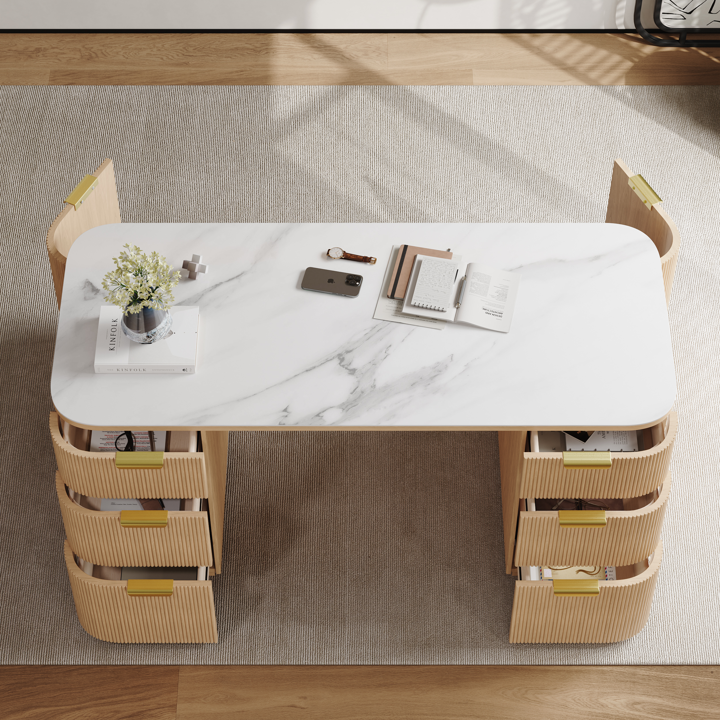 Modern White Marble Oval Desk with 6 Drawers (1620mm)｜Homary