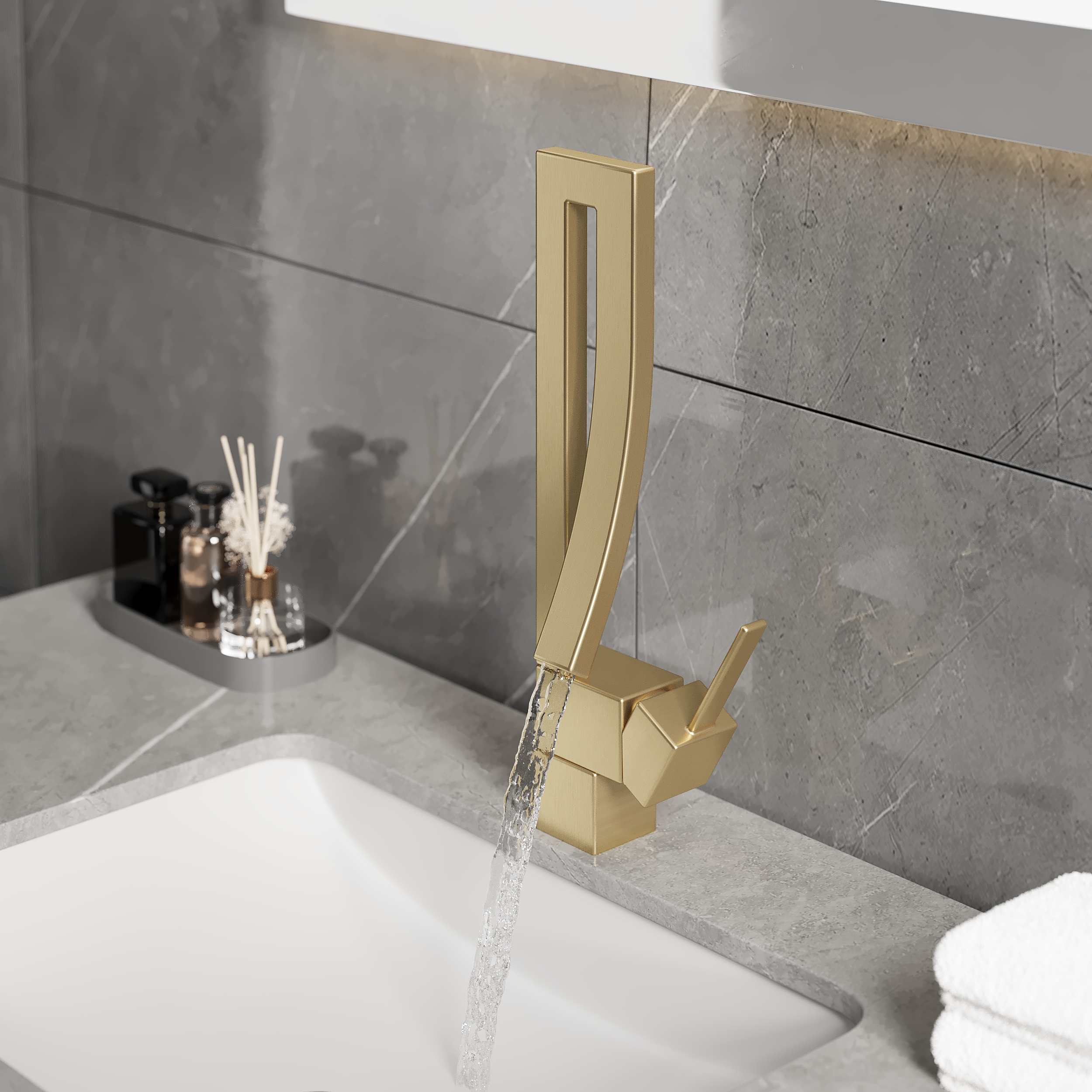 Brushed Gold Waterfall Bathroom Sink Faucet Single Hole Single Handle Brass Modern Style