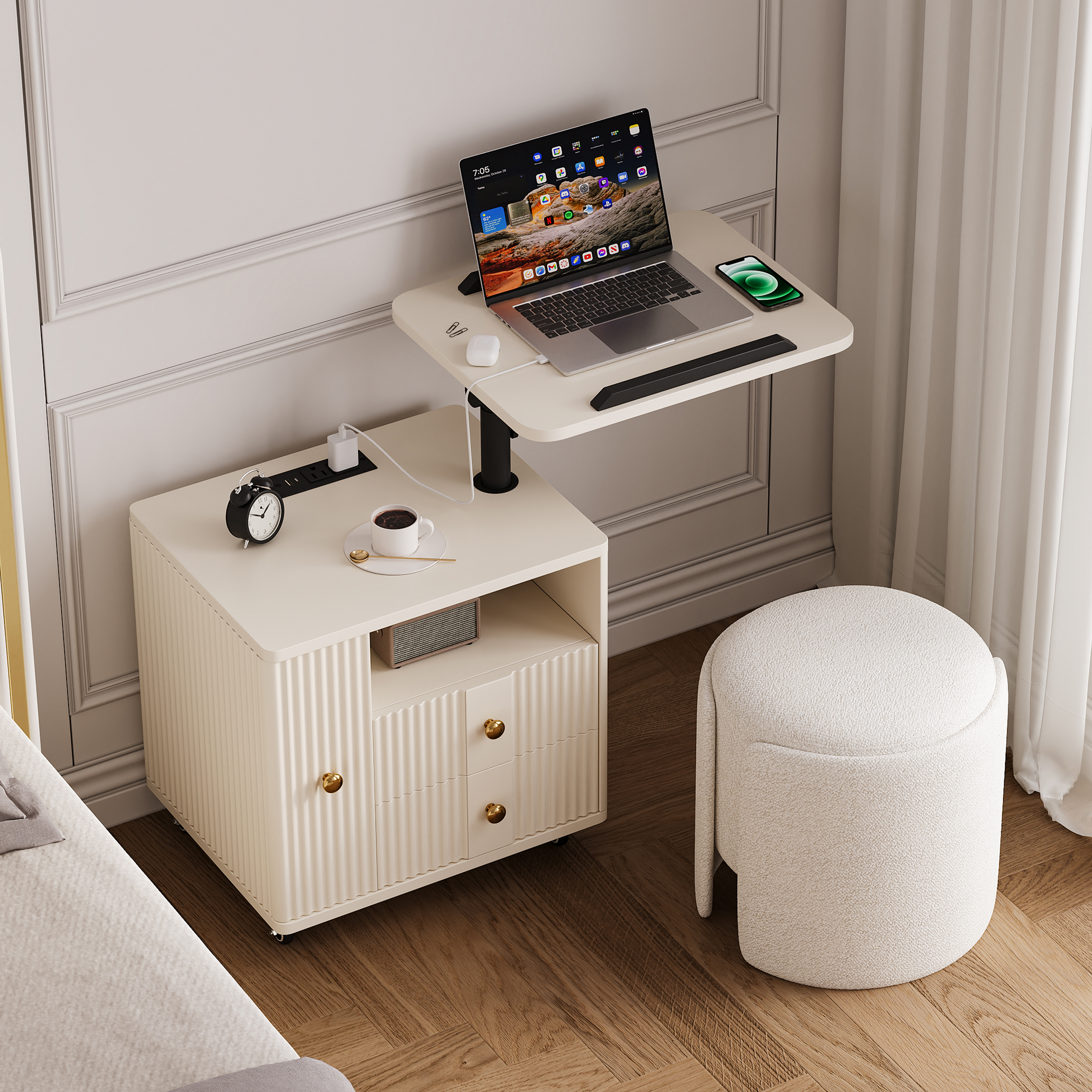 Fluted Smart Nightstand with Lift Up Table & Charging Station