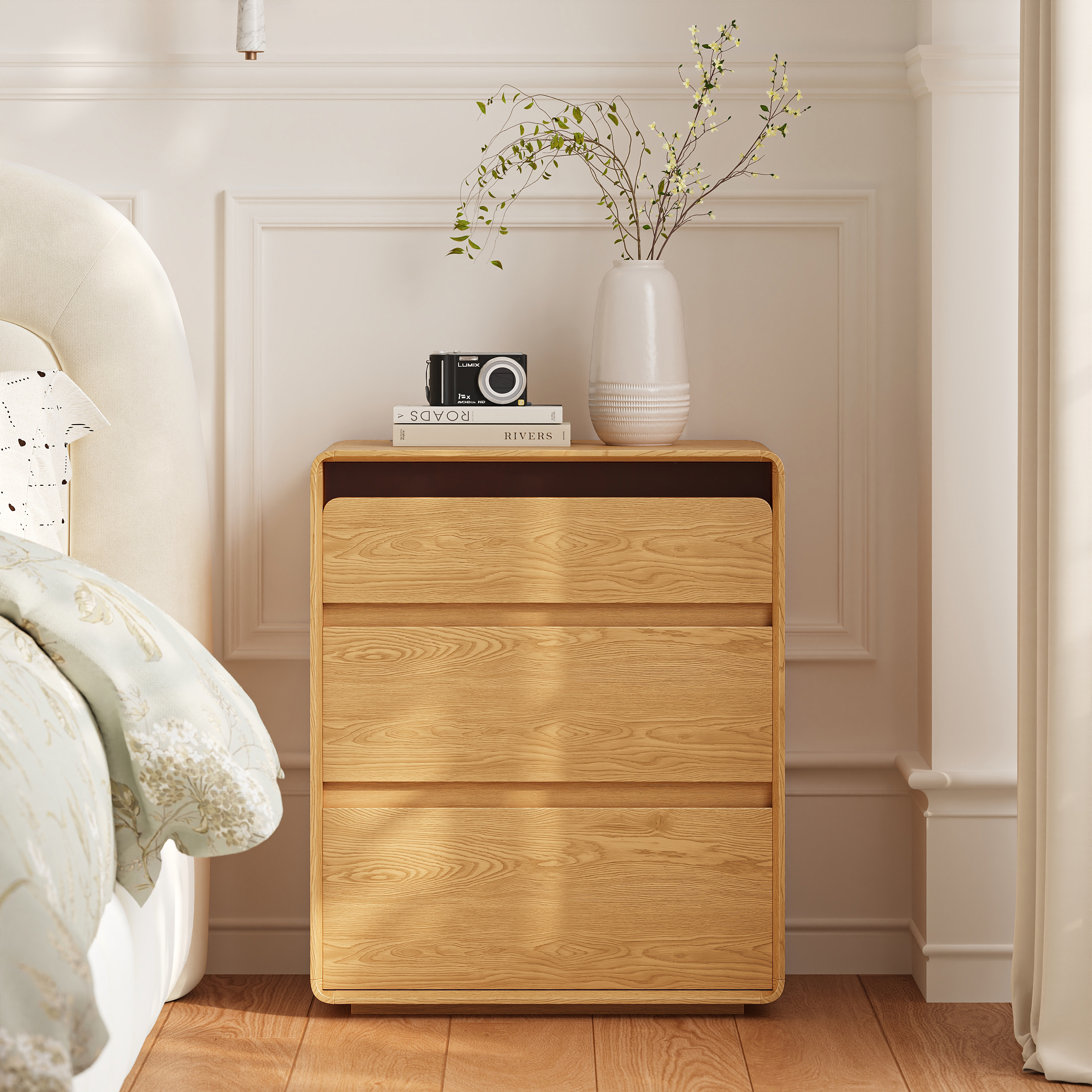 24" Wooden 3-Drawer Smart Nightstand With LED Lighting & Sensor Charging