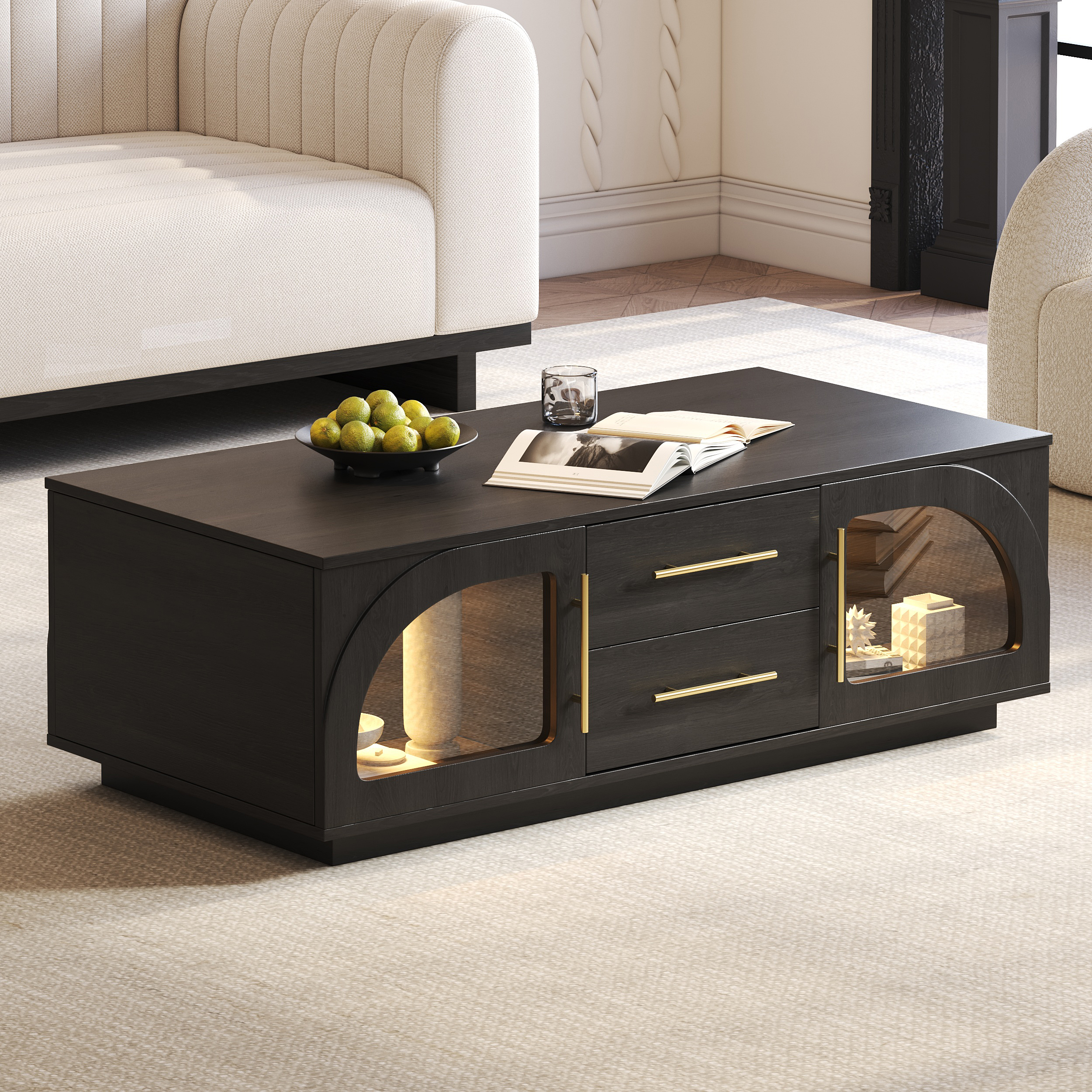Arune Arched Glass Coffee Table Modern Black Living Room Furniture with Storage and LED Light